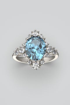 Aquamarine And Diamond Ring Made In Italy in 14k Solid Gold  Only Made to order