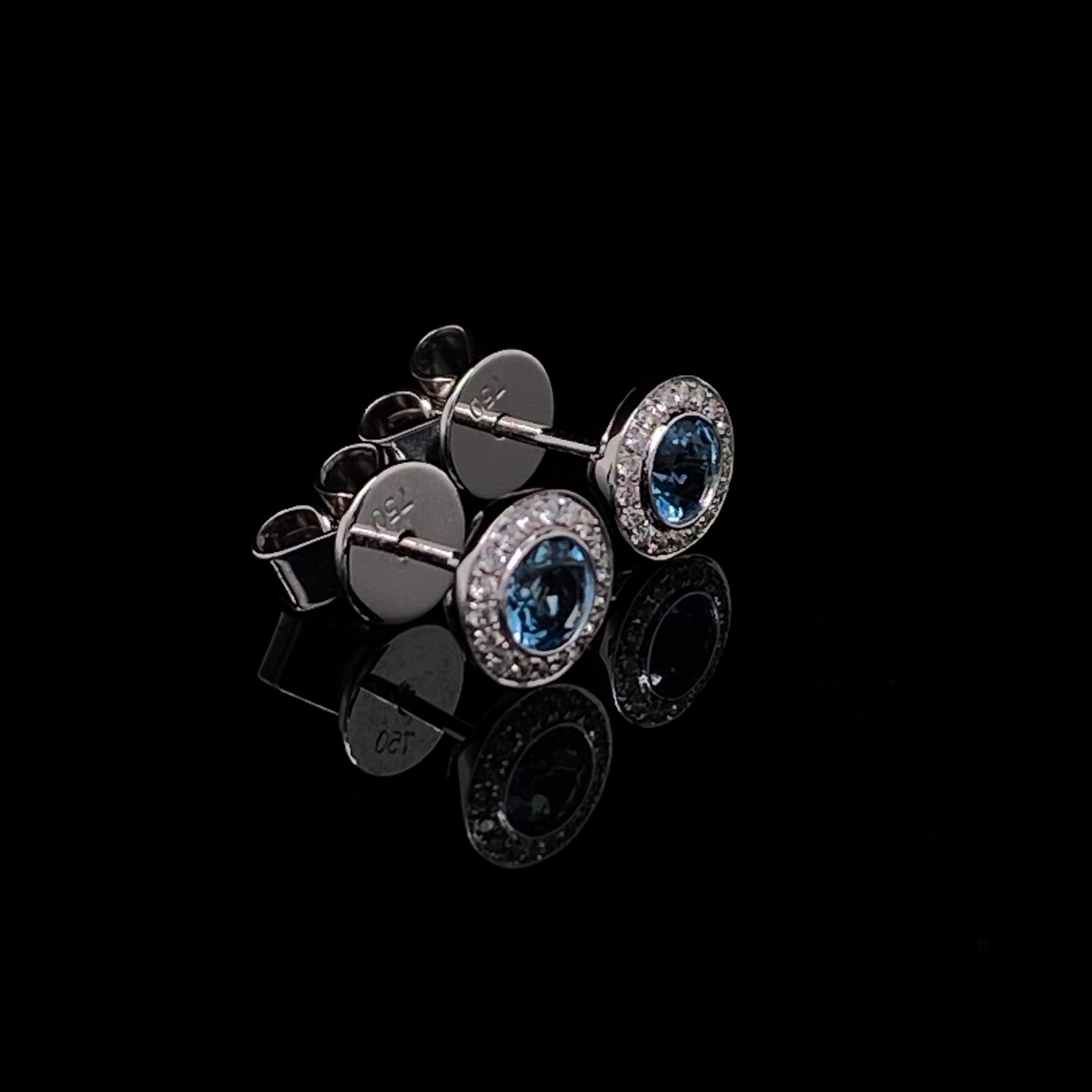 Round Cut Aquamarine and Diamond Round Cluster Stud Earrings 18 Karat White Gold
