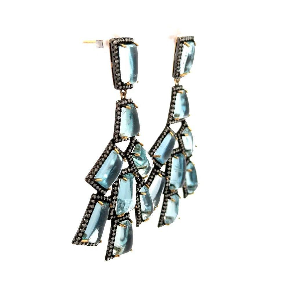 Simply Fabulous! Vintage Aquamarine Gemstone and Diamond Silver and Gold Drop Statement Earrings. Hand set with Aquamarine, weighing approx. 32.00tcw and Diamonds, approx. 3.00tcw. Beautifully Hand crafted in Silver and 14K Gold. Measuring approx.