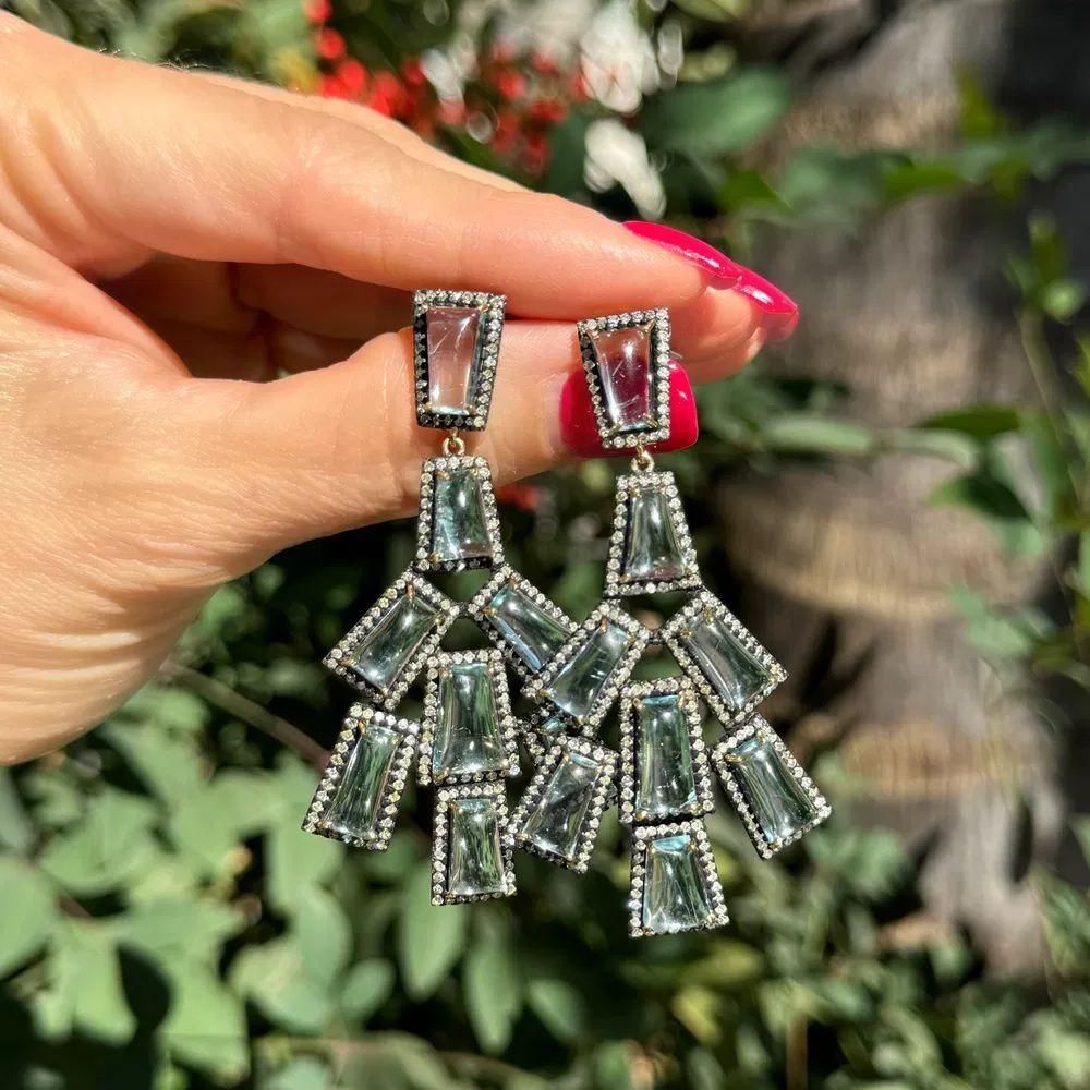 Modernist Aquamarine and Diamond Silver and Gold Statement Vintage Drop Earrings For Sale