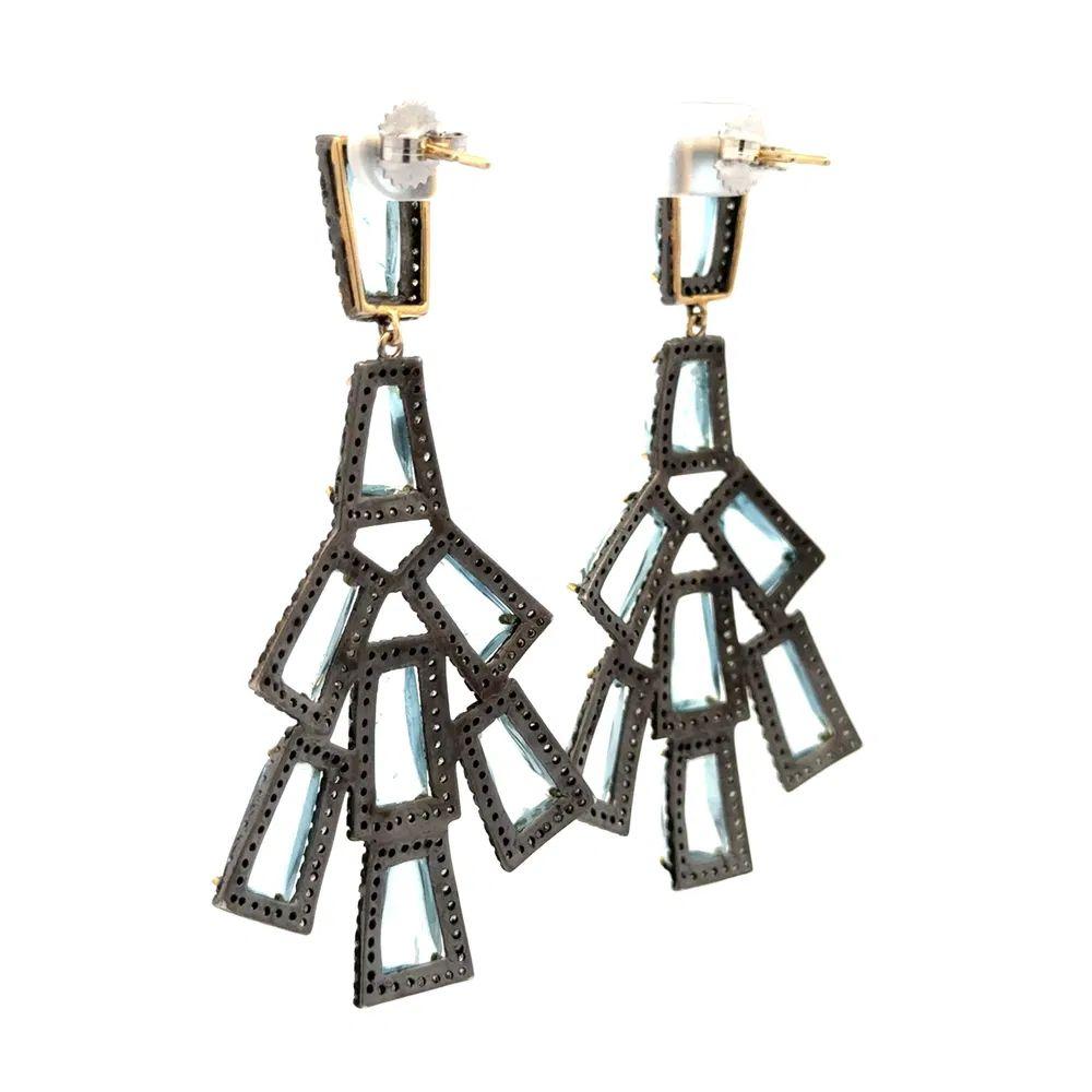 Mixed Cut Aquamarine and Diamond Silver and Gold Statement Vintage Drop Earrings For Sale