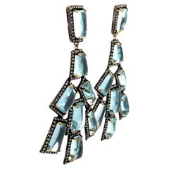 Pendientes de gota vintage con aguamarina y diamantes en plata y oro
