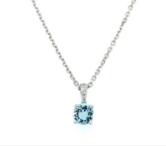 Aquamarine and diamond solitaire pendant necklace 18k white gold
