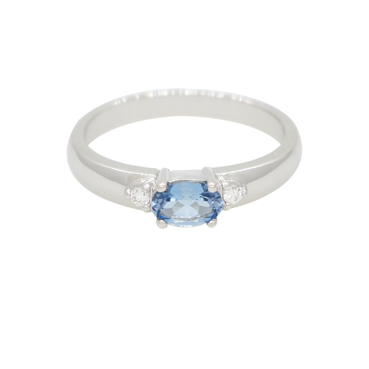 Oval Cut Aquamarine and Diamond Stackable Ring East-West Style in Solid White Gold For Sale