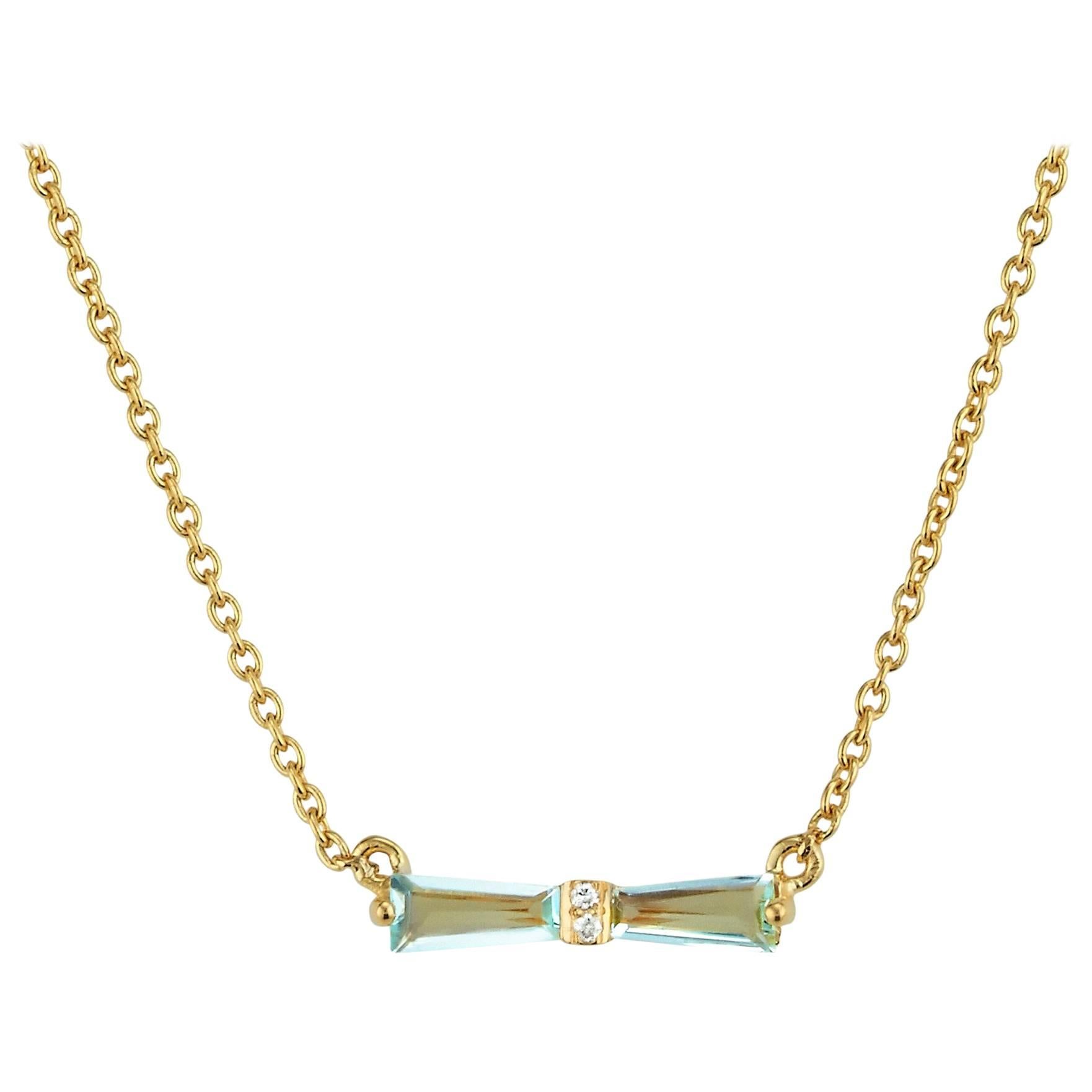 Aquamarine and Diamond Tapered Baguette Bow Necklace 18 Karat Gold For Sale