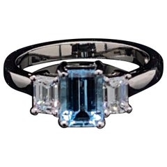 Aquamarine and Diamond Three-Stone 18 Karat White Gold Engagement Ring