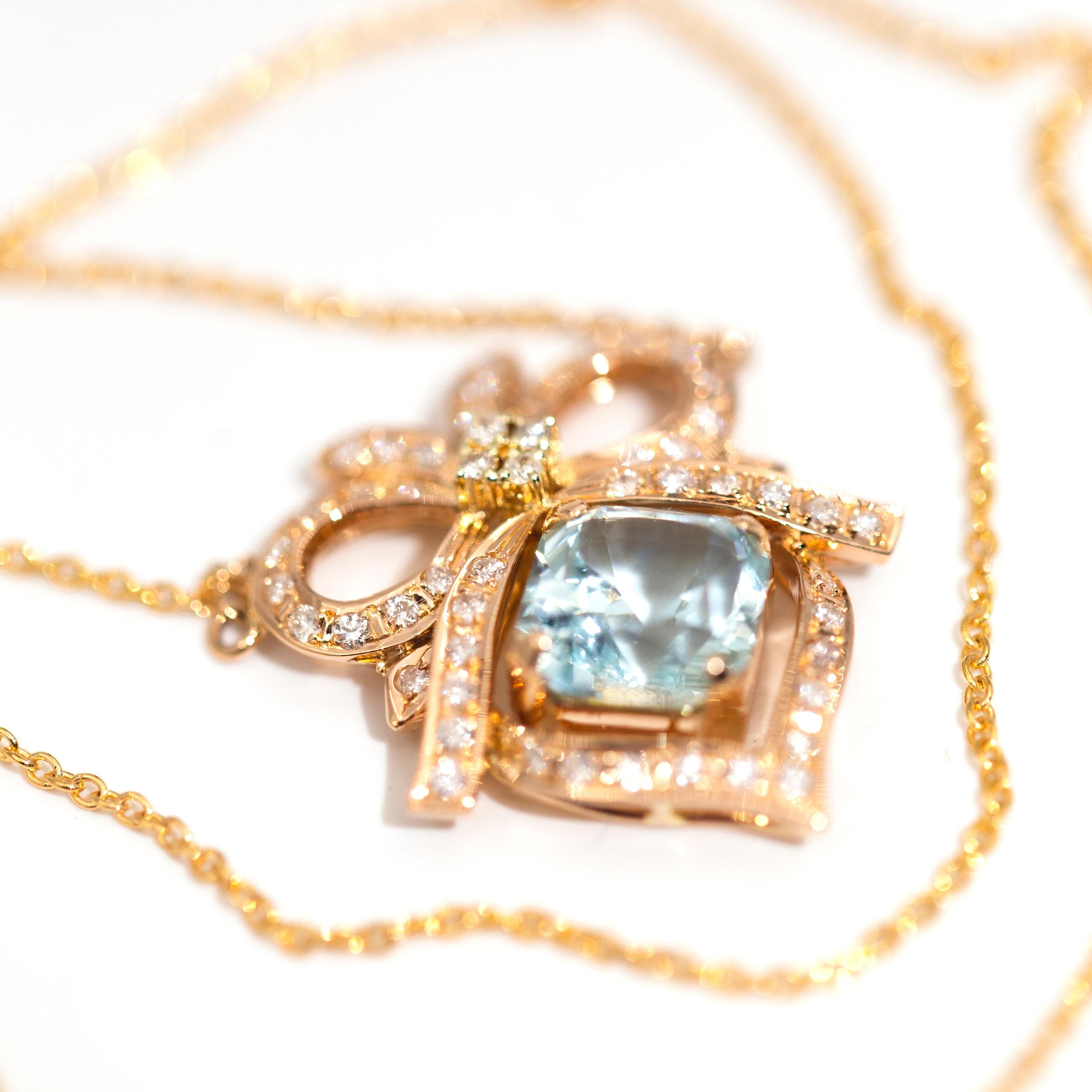 Modern Aquamarine and Diamond Vintage 14 Carat Gold Necklet with 9 Carat Gold Chain