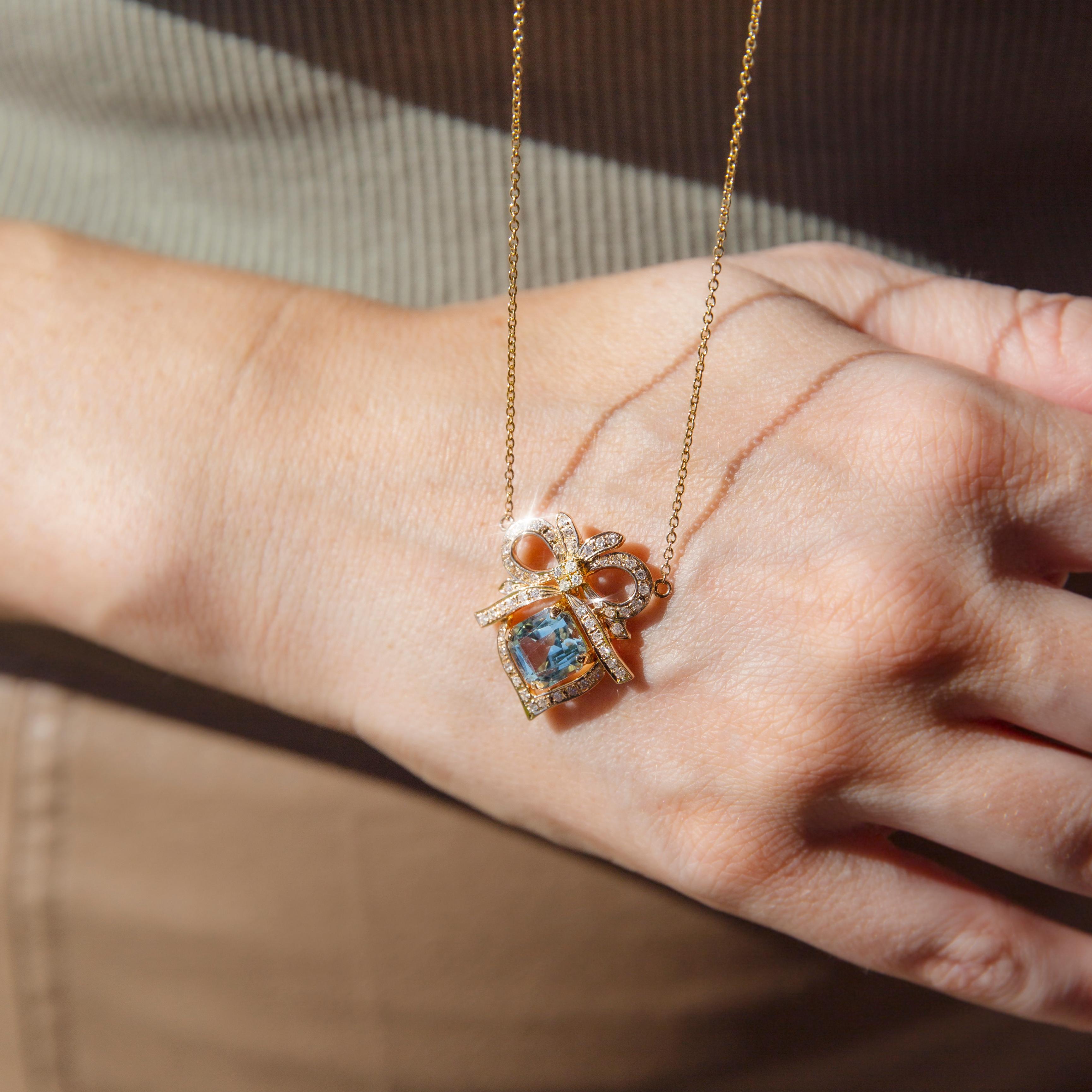 Emerald Cut Aquamarine and Diamond Vintage 14 Carat Gold Necklet with 9 Carat Gold Chain