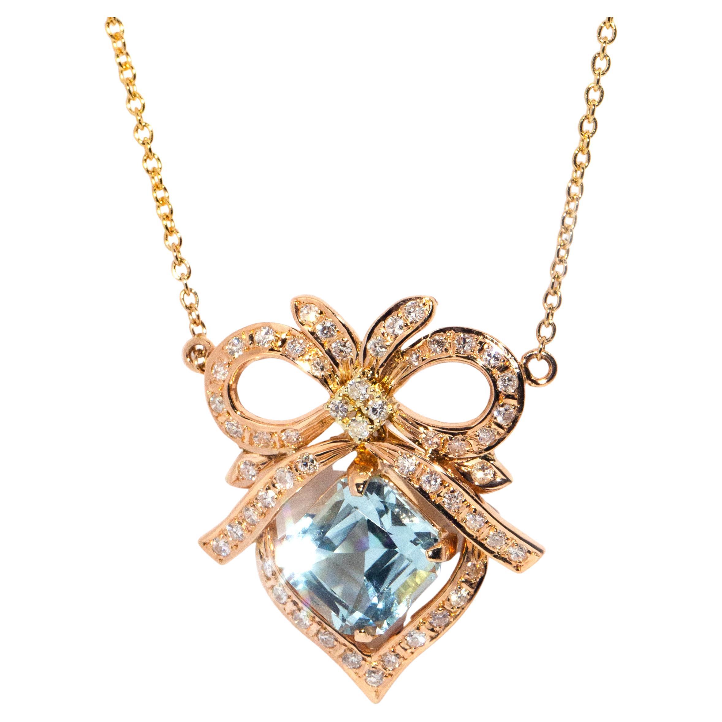 Aquamarine and Diamond Vintage 14 Carat Gold Necklet with 9 Carat Gold Chain