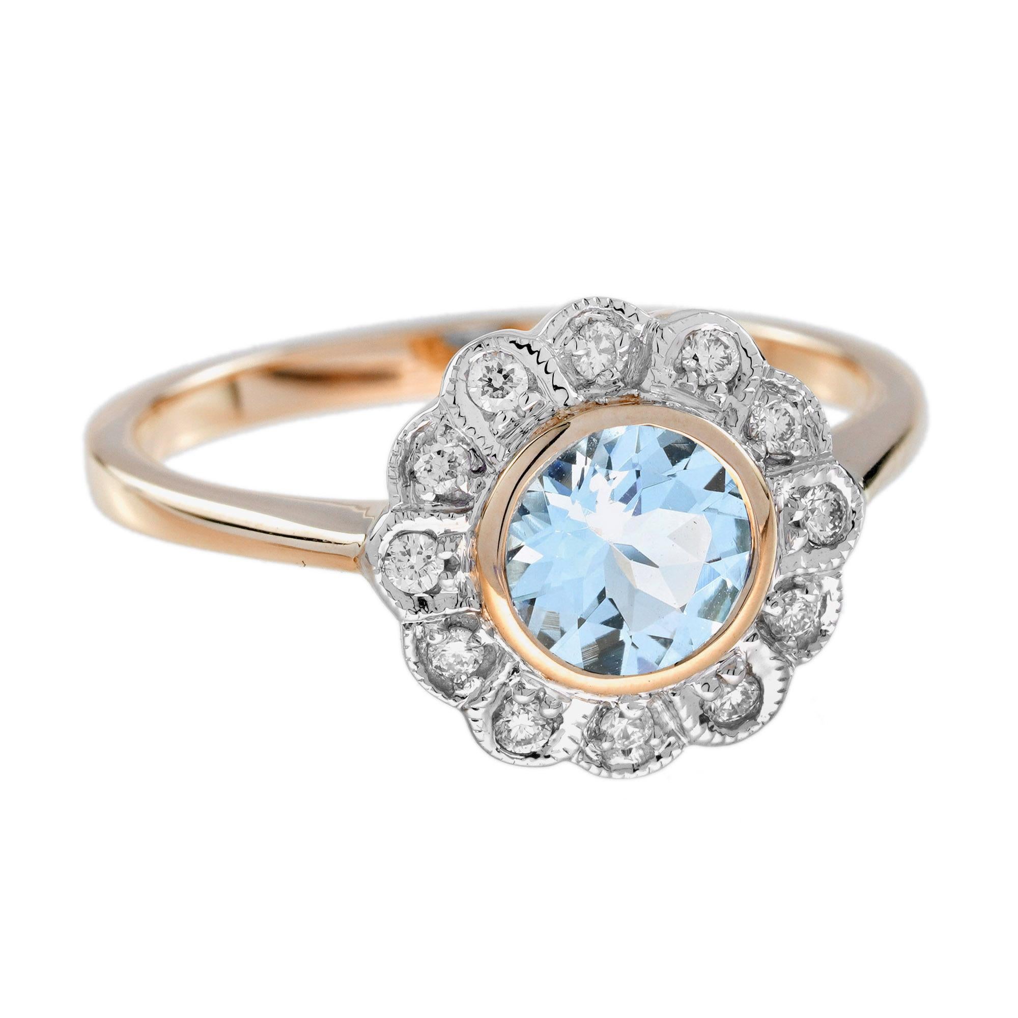 Art déco Bague halo floral de style vintage en or rose 14 carats, aigue-marine et diamants en vente