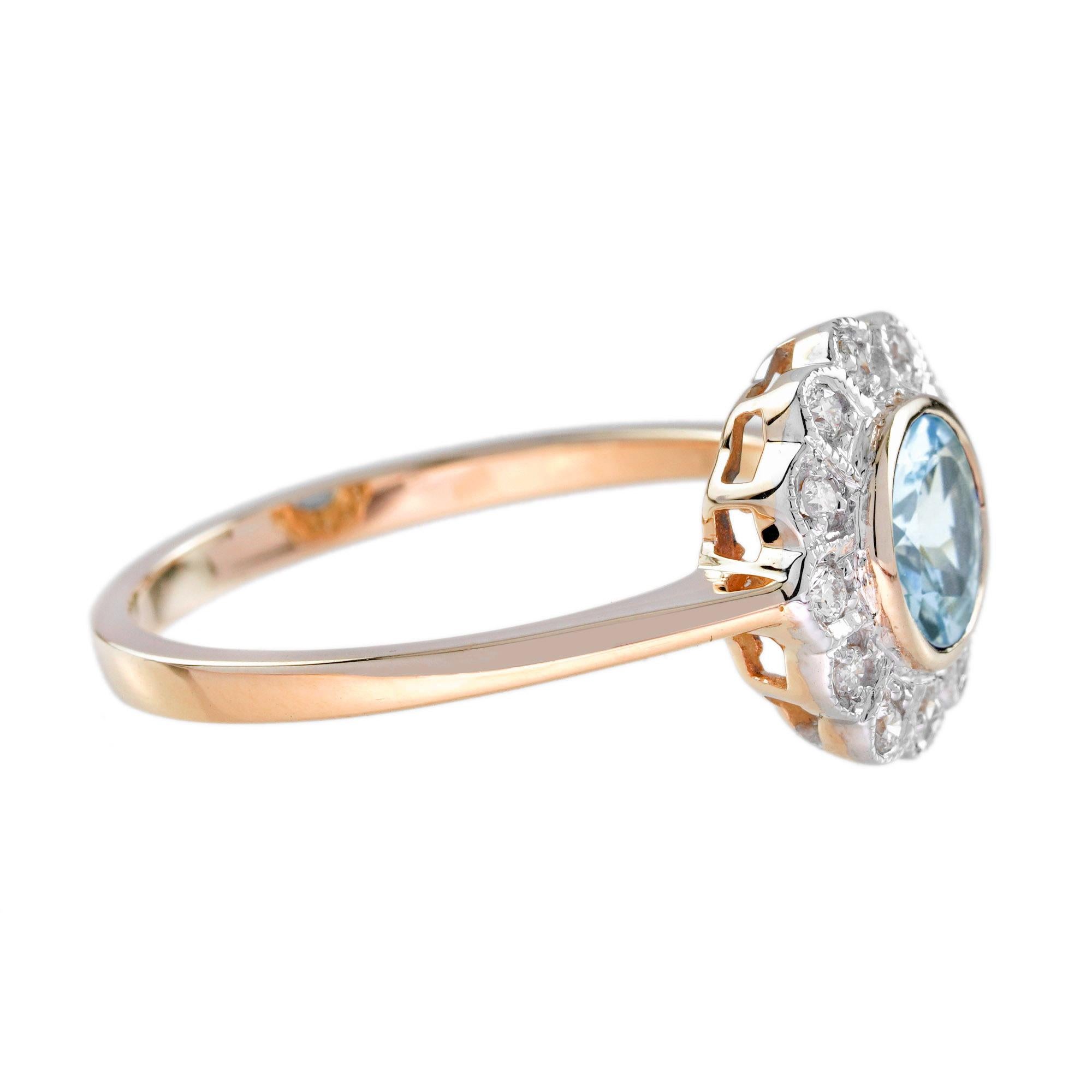 Taille ronde Bague halo floral de style vintage en or rose 14 carats, aigue-marine et diamants en vente