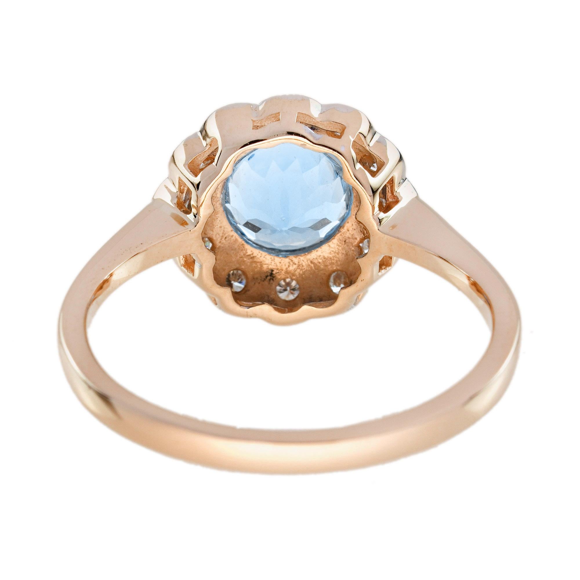 Bague halo floral de style vintage en or rose 14 carats, aigue-marine et diamants Neuf - En vente à Bangkok, TH