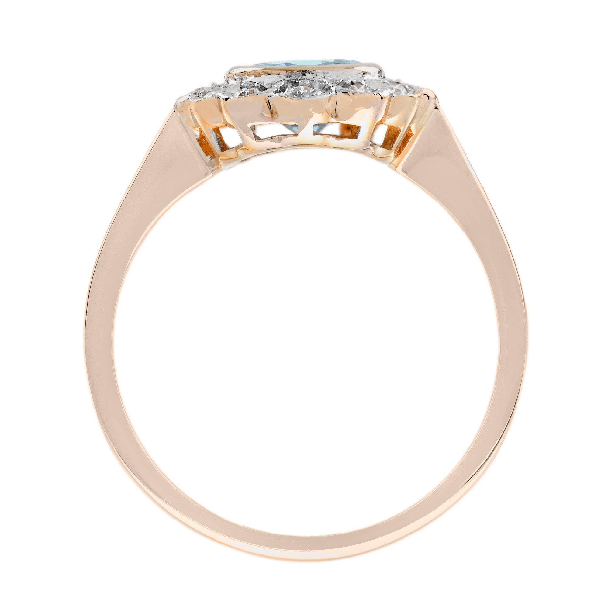 Bague halo floral de style vintage en or rose 14 carats, aigue-marine et diamants Pour femmes en vente