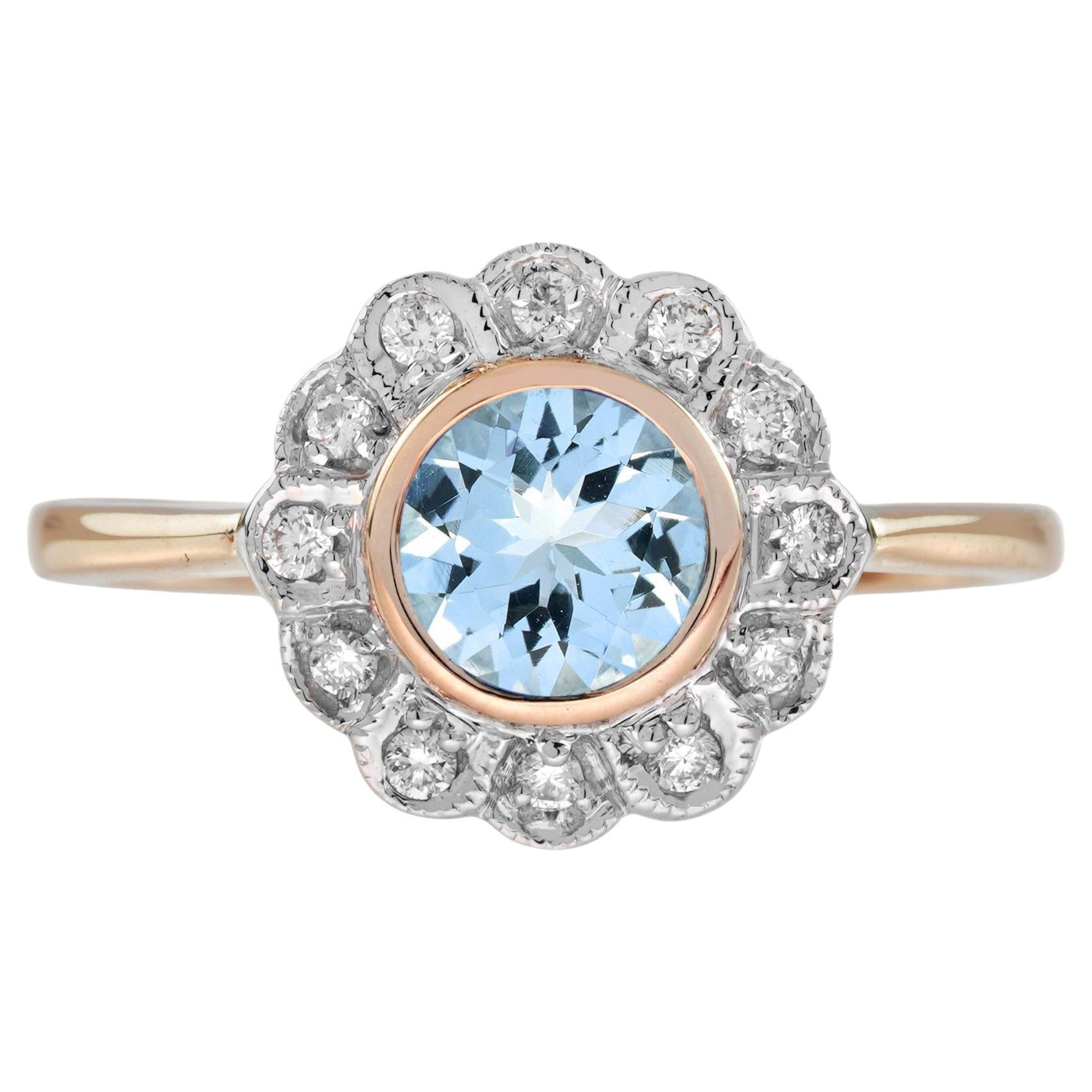 Bague halo floral de style vintage en or rose 14 carats, aigue-marine et diamants en vente