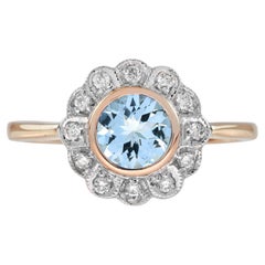 Anillo Halo Floral Estilo Vintage de Aguamarina y Diamante en Oro Rosa de 14K
