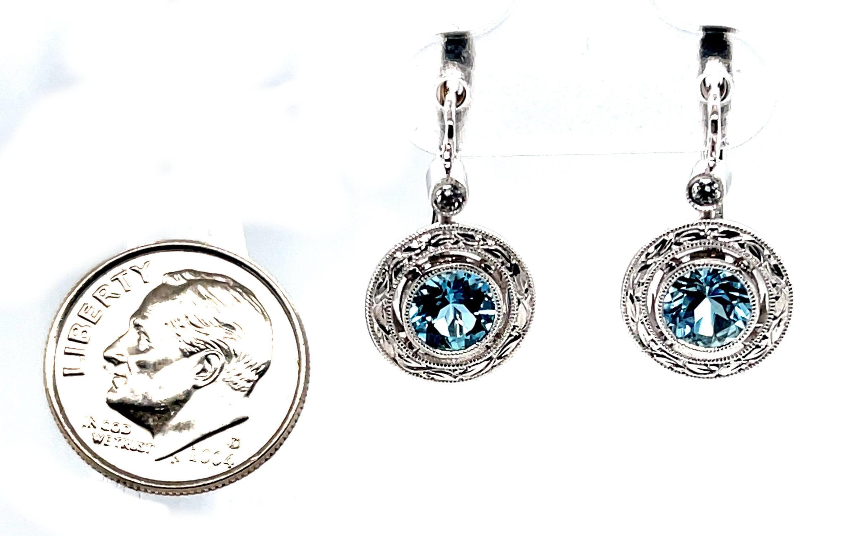 Round Cut Aquamarine and Diamond Drop Earrings in White Gold Bezels with Clips For Sale