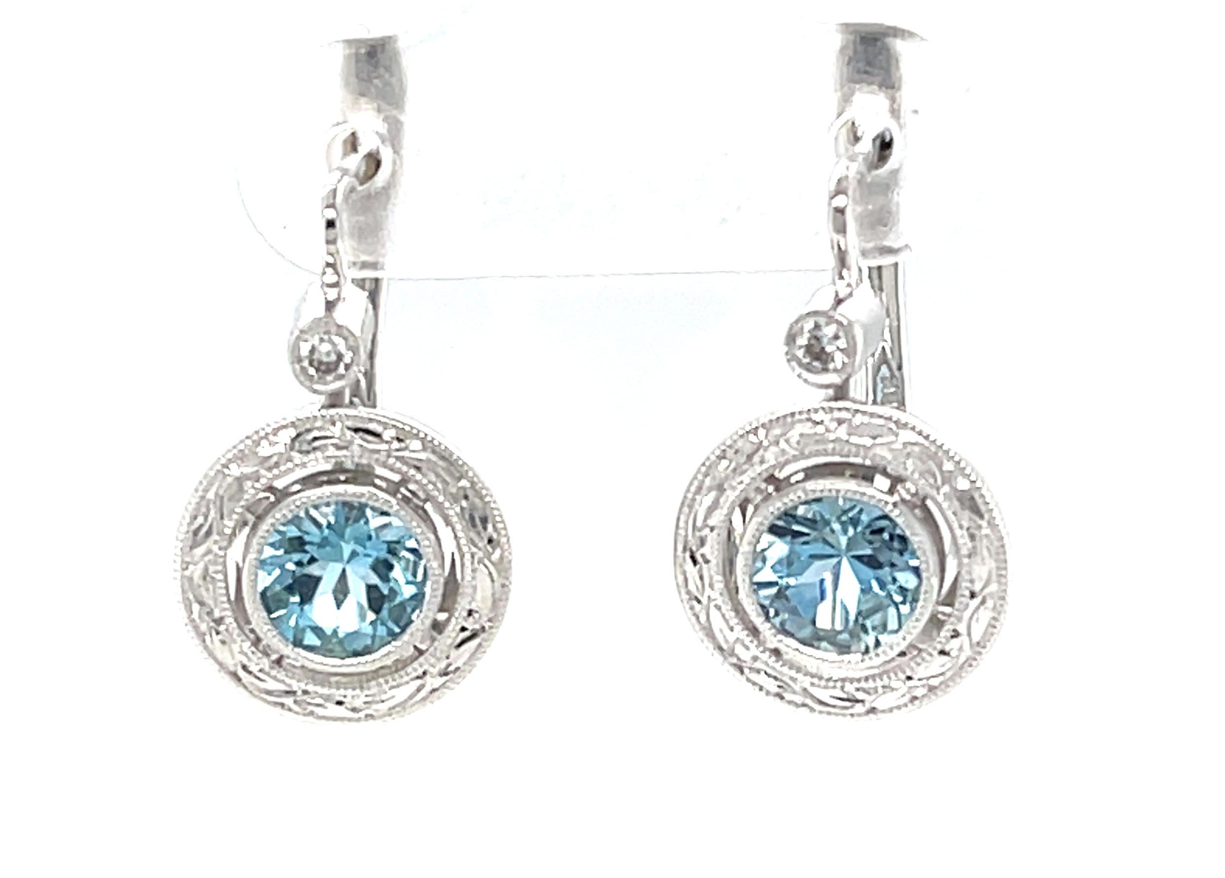 Women's Aquamarine and Diamond Drop Earrings in White Gold Bezels with Clips For Sale