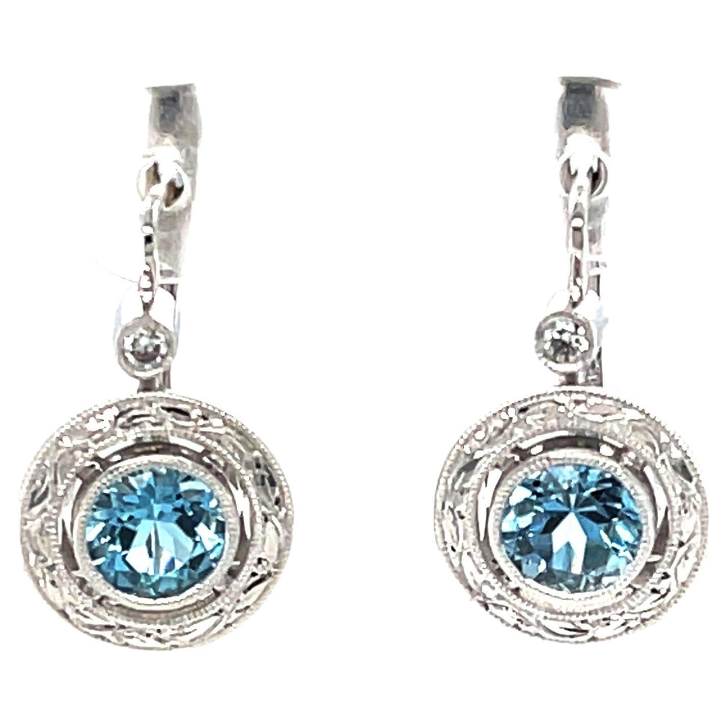 Aquamarine and Diamond Drop Earrings in White Gold Bezels with Clips