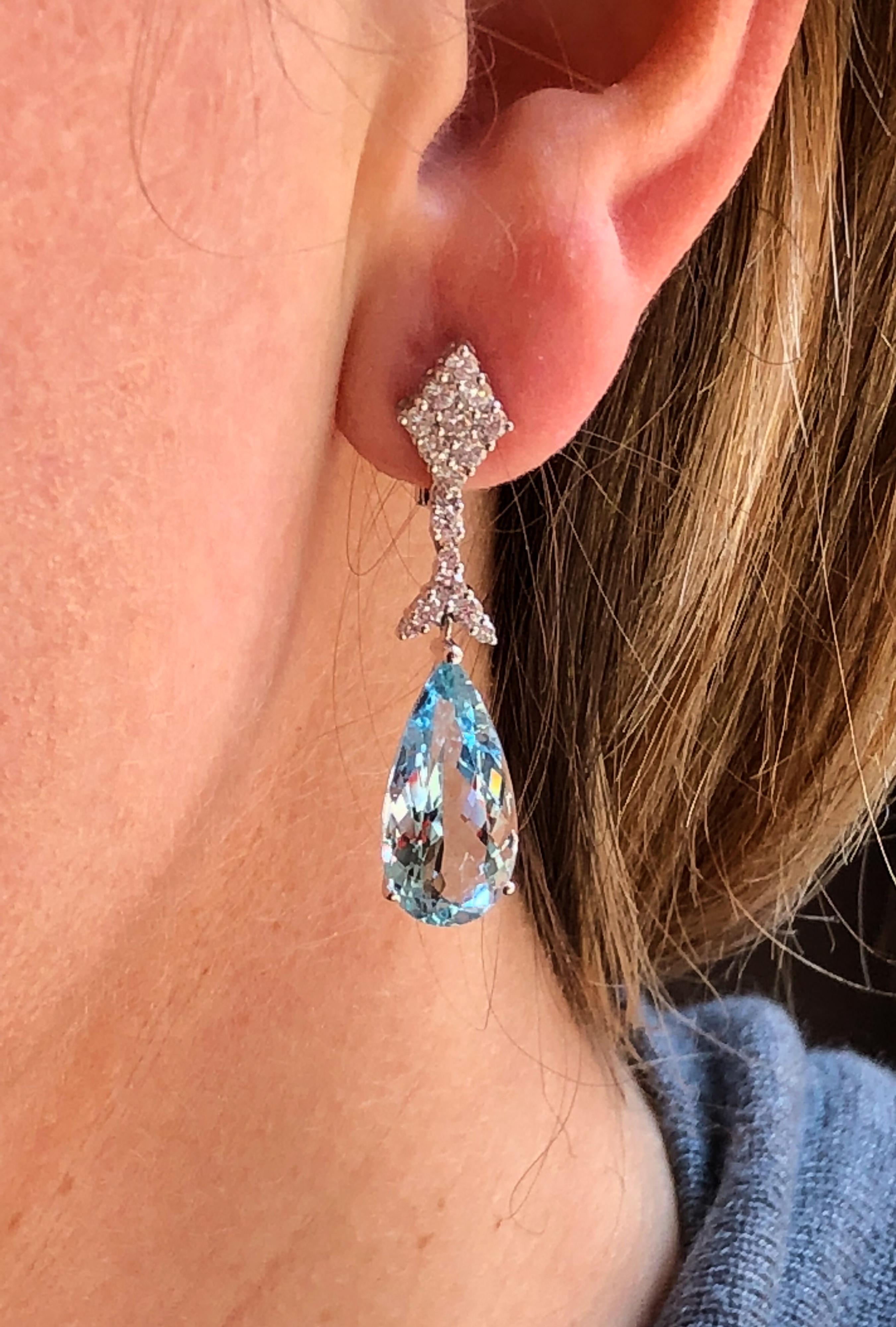 Modern Aquamarine and Diamond White Gold Drop Earrings