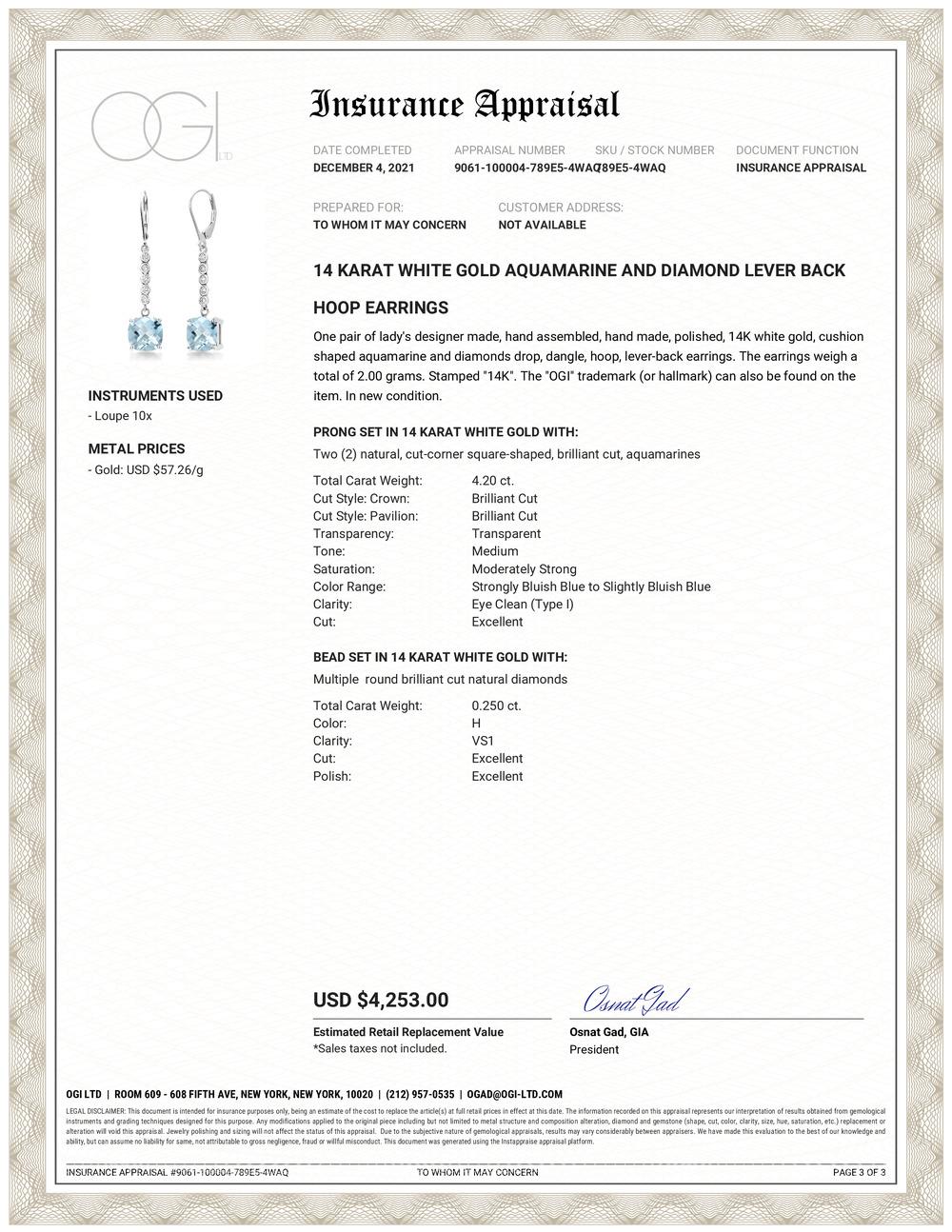 Fourteen karat white gold aquamarine and diamond hoop drop earrings 
Round Diamond weighing 0.25 carat
Aquamarine weighing 4.20 carat 
Aquamarine measuring 8x8 millimeter
New Earrings
Handmade in USA
Gold earrings are hanging off a diamond lever