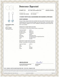 Aquamarine and Diamond White Gold Leverback Hoop Drop Earrings