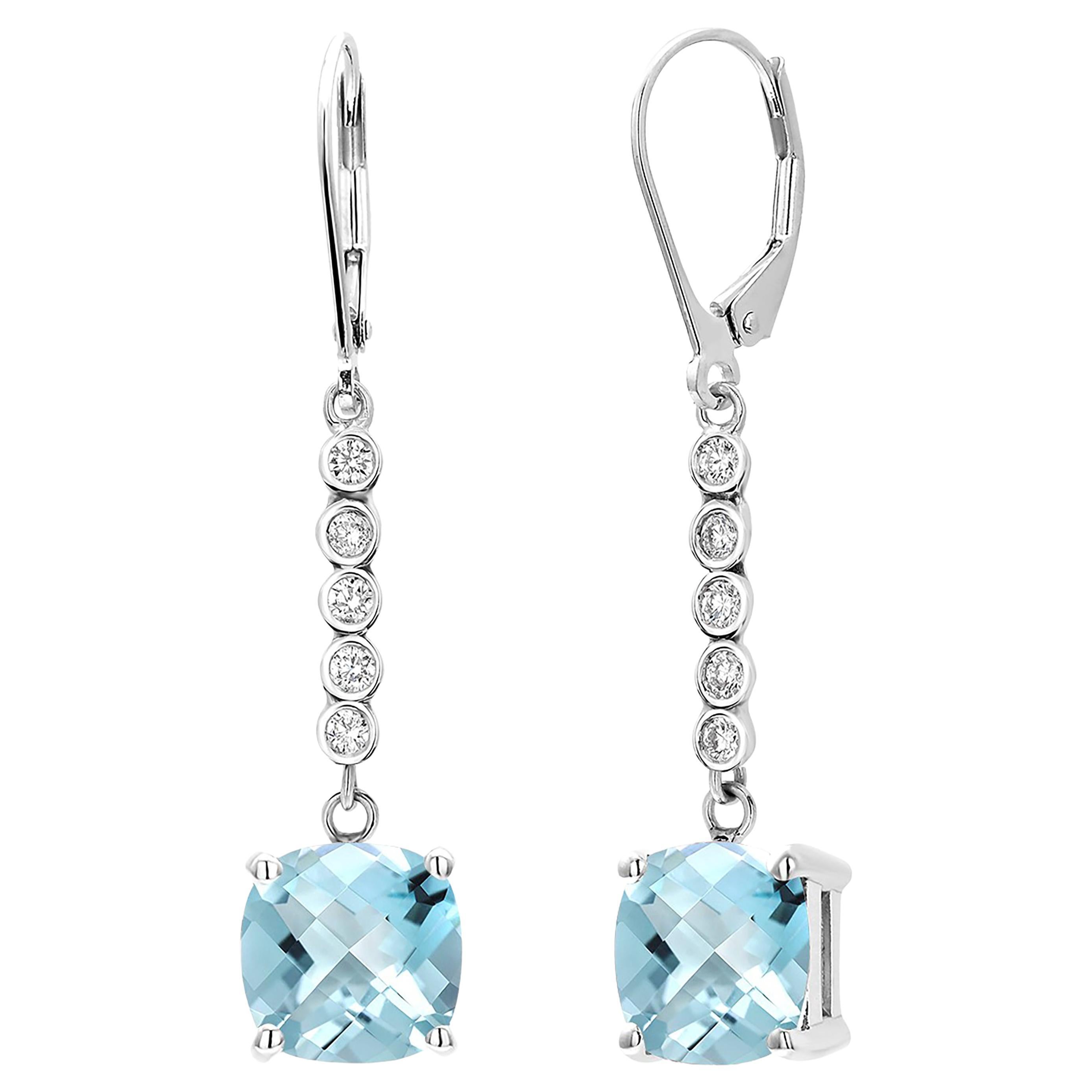 Aquamarine and Diamond White Gold Leverback Hoop Drop Earrings