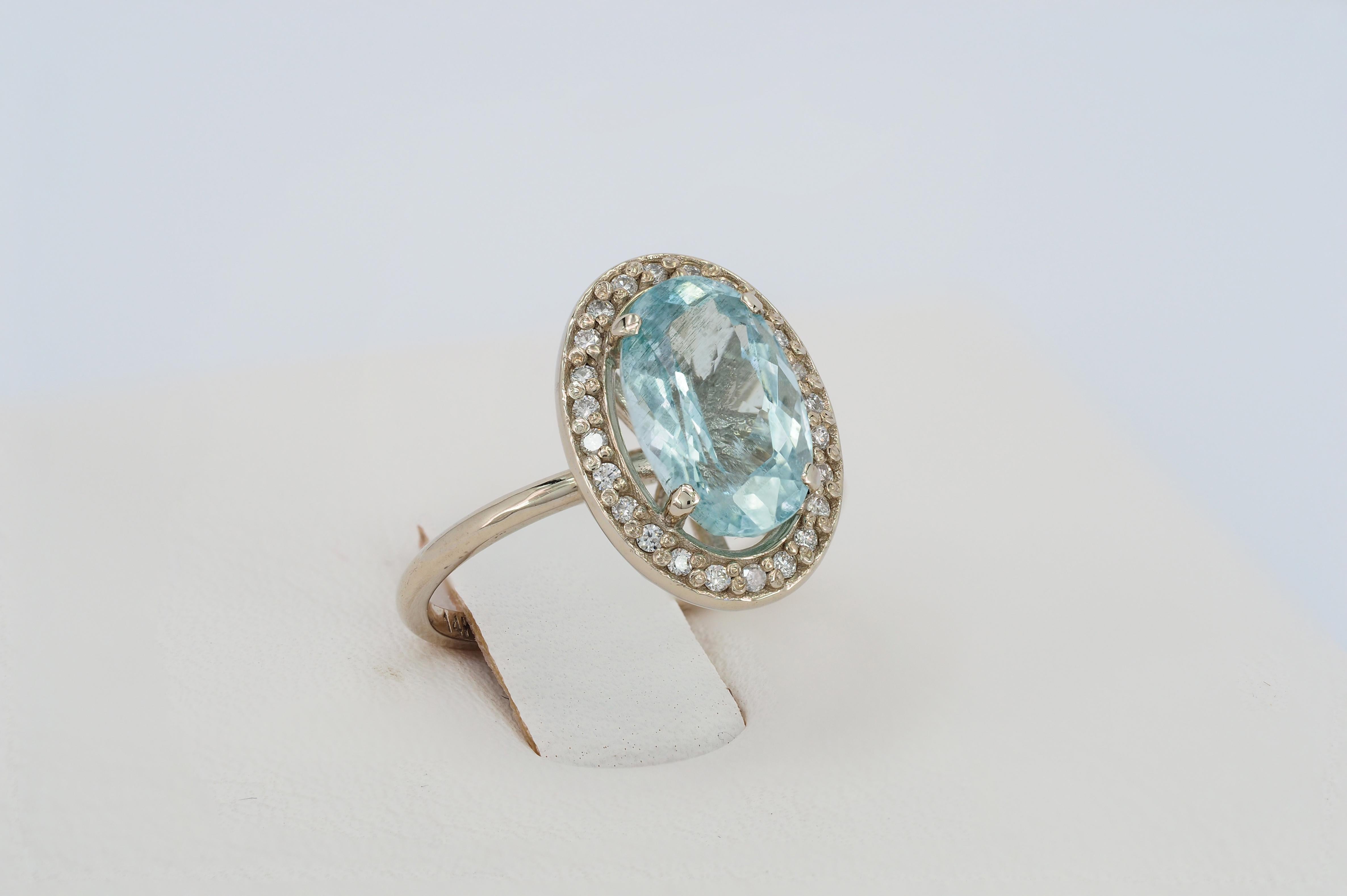 For Sale:  Aquamarine and diamonds 14k gold ring 5