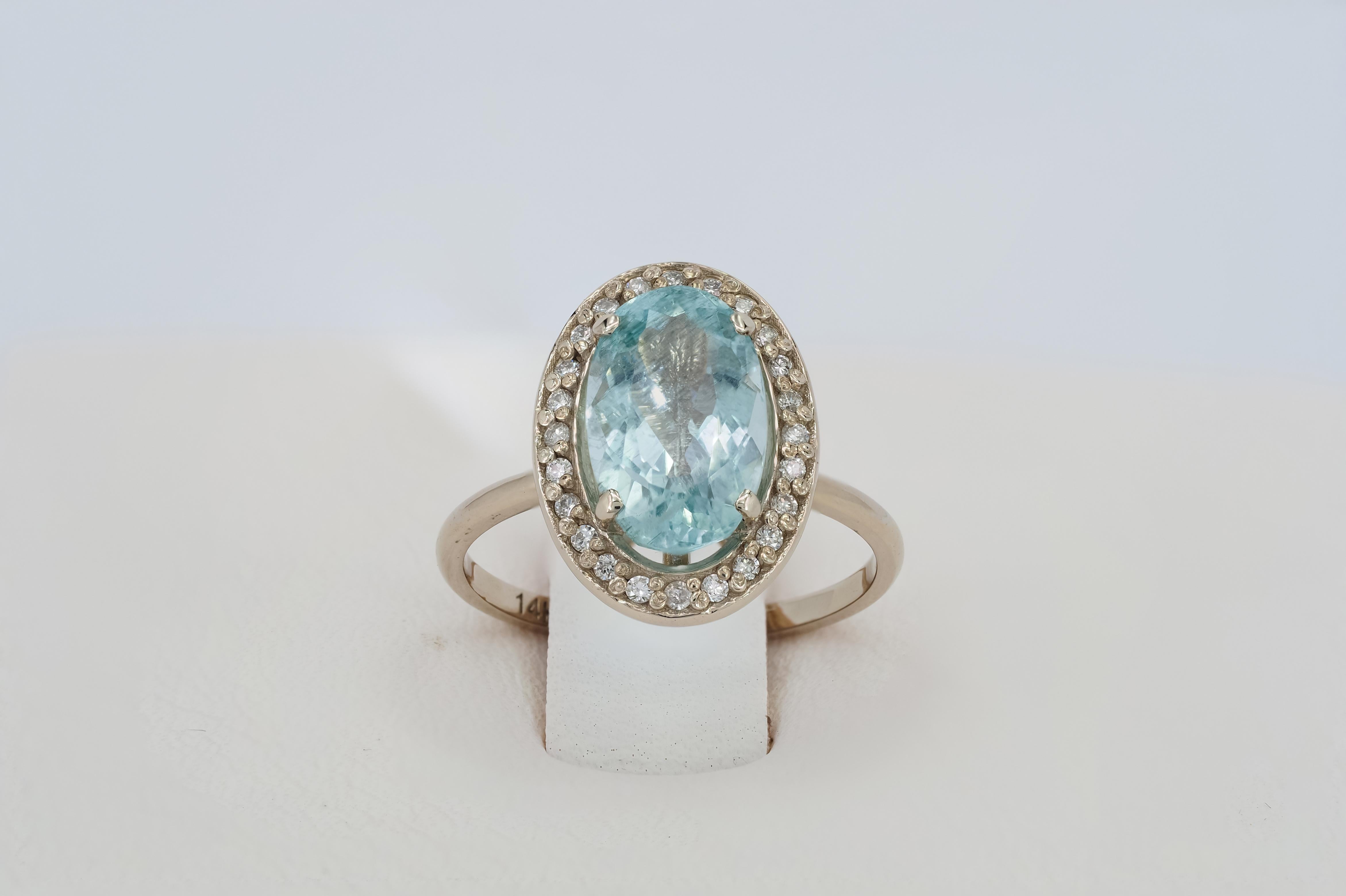 For Sale:  Aquamarine and diamonds 14k gold ring 6