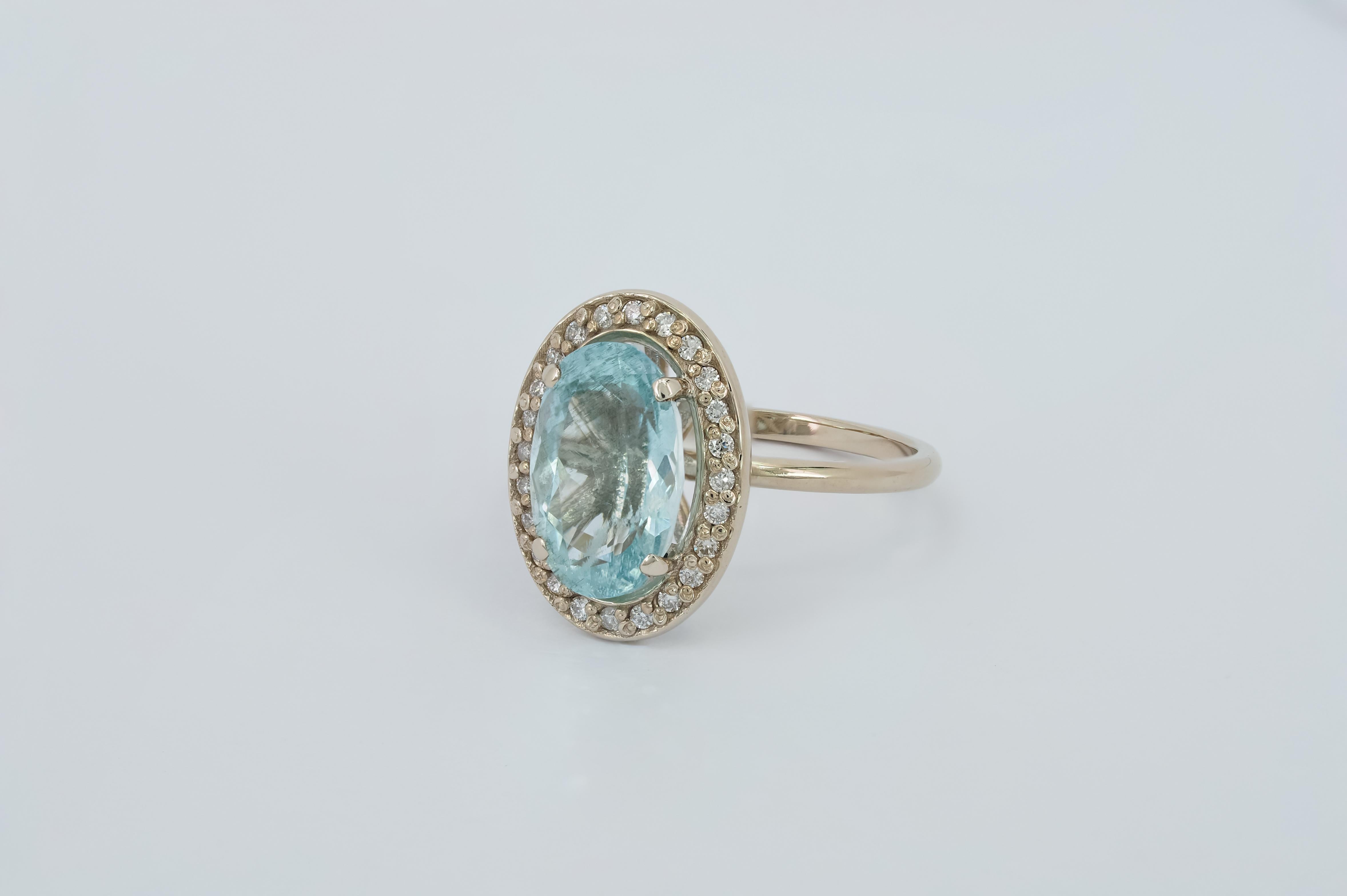 For Sale:  Aquamarine and diamonds 14k gold ring 7