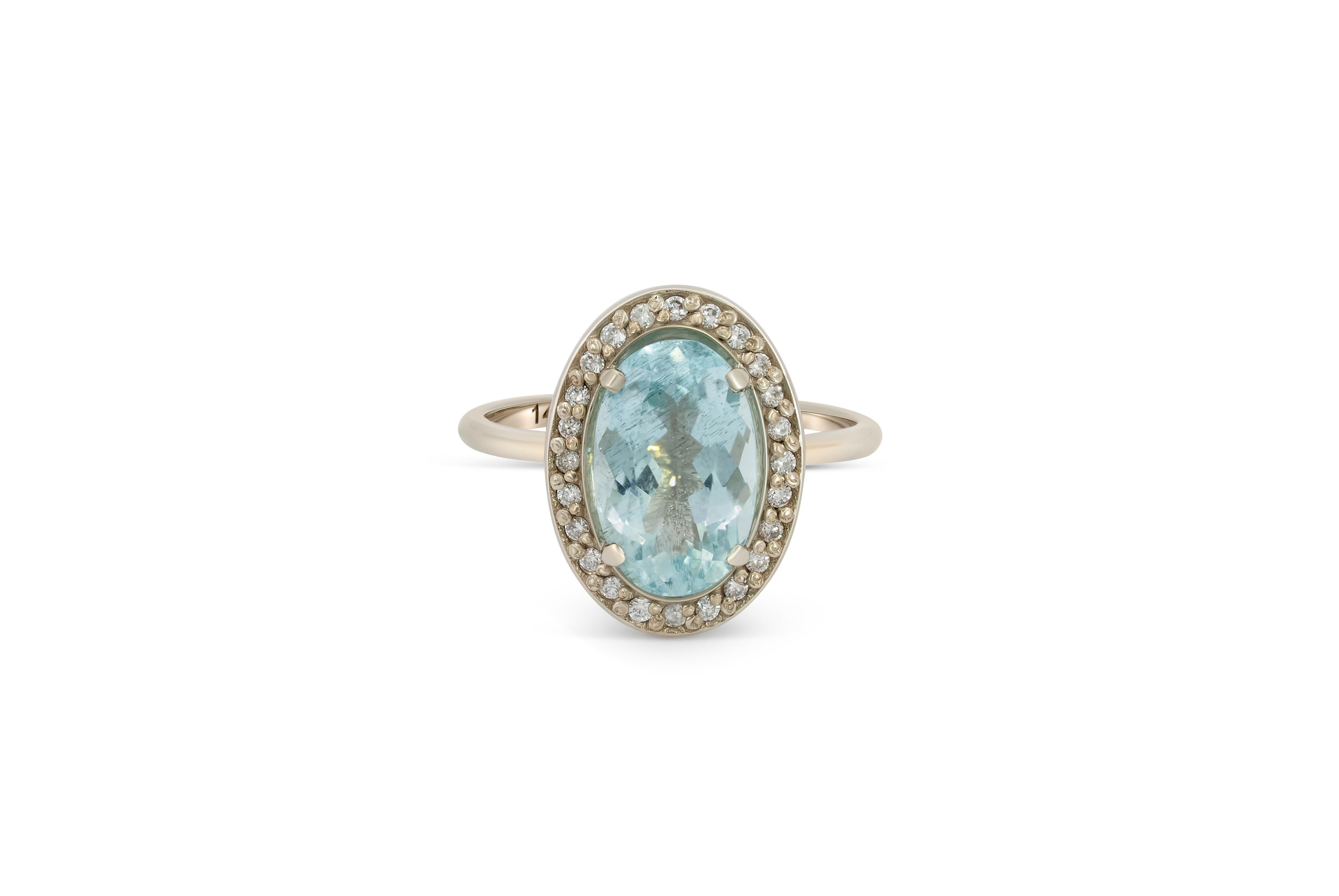 For Sale:  Aquamarine and diamonds 14k gold ring 8