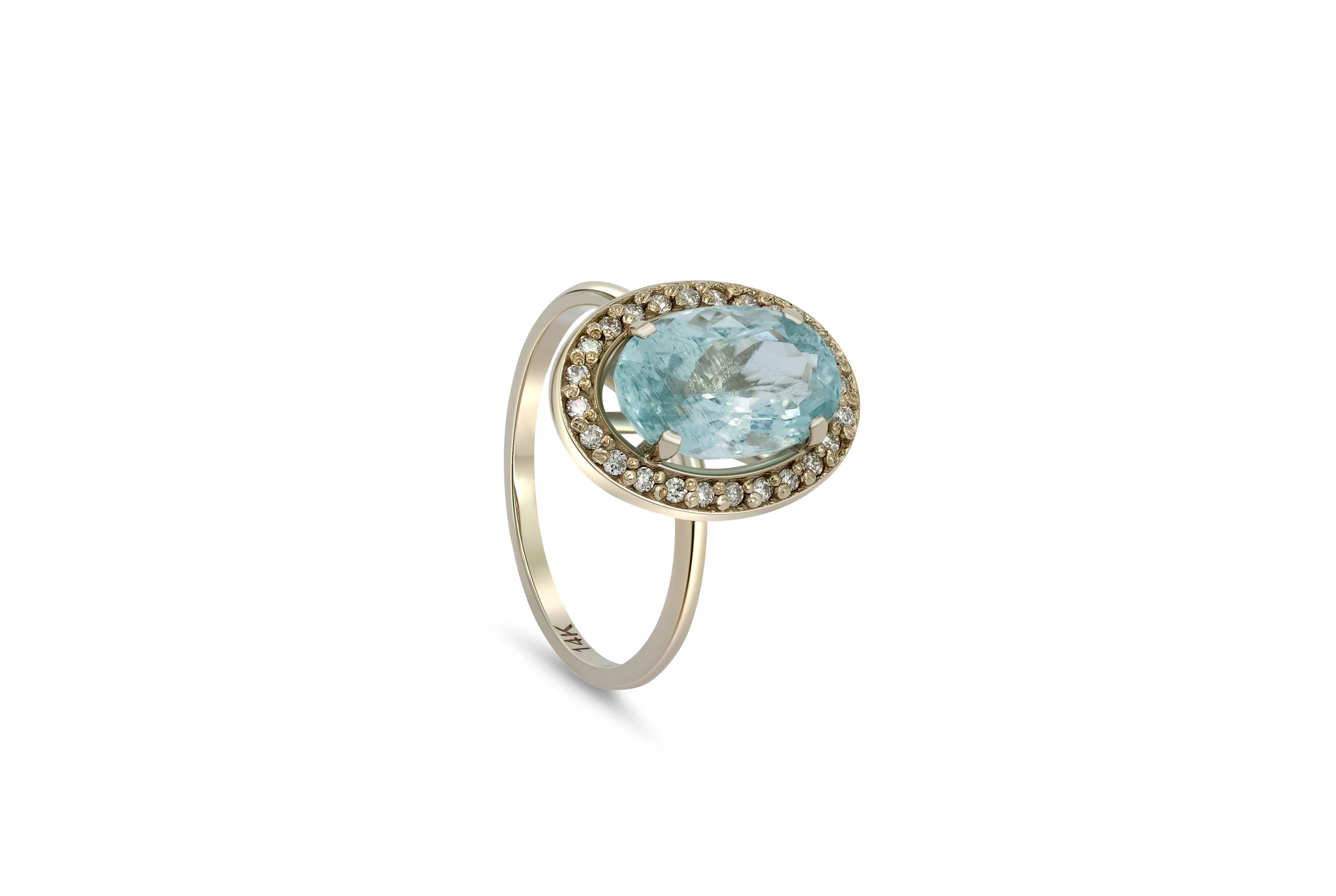 For Sale:  Aquamarine and diamonds 14k gold ring 9