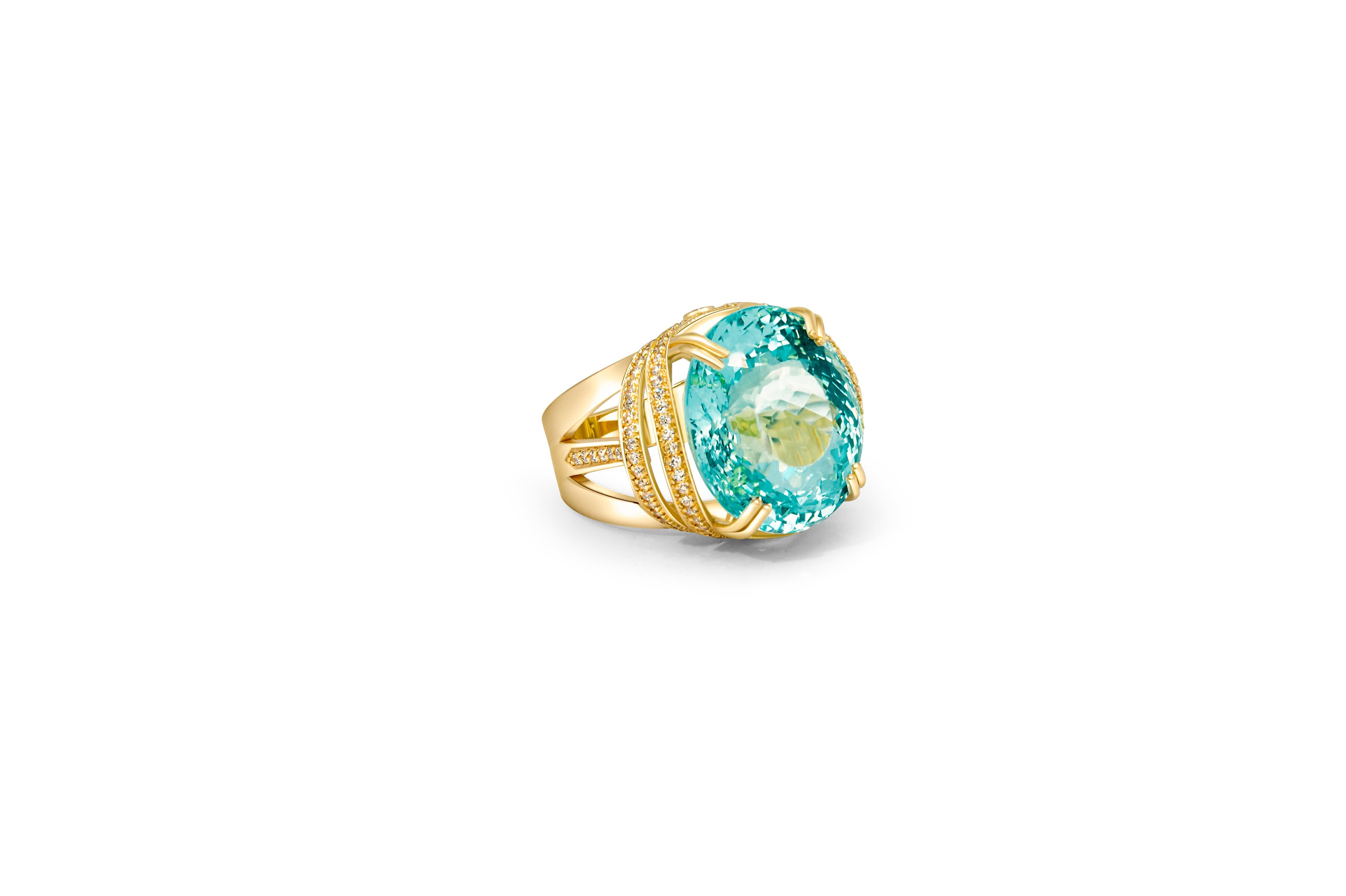 Aquamarine and diamonds 18k gold ring. Aquamarine statement ring. Oval aquamarine ring. March birthstone ring. 

Metal: 18k gold
Weight: 16 g. depends from size
Ring size - 6.75 US (17mm). Resizable - to any size.
 
Central stone: Aquamarine
Cut: