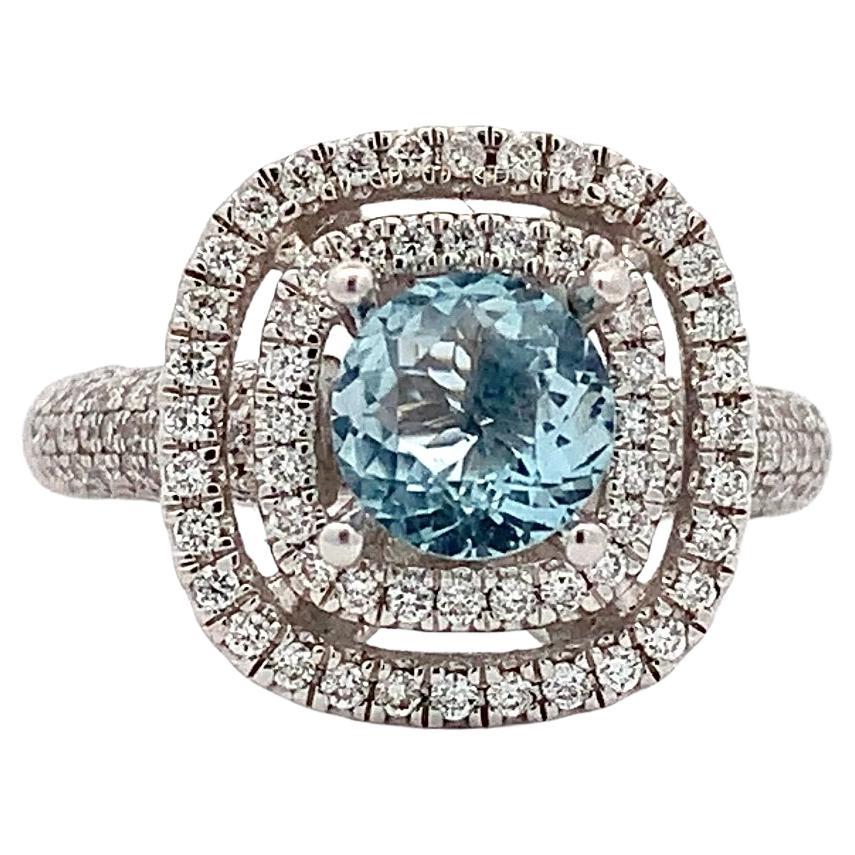 Aquamarine and diamonds double halo engagement ring 18k white gold
