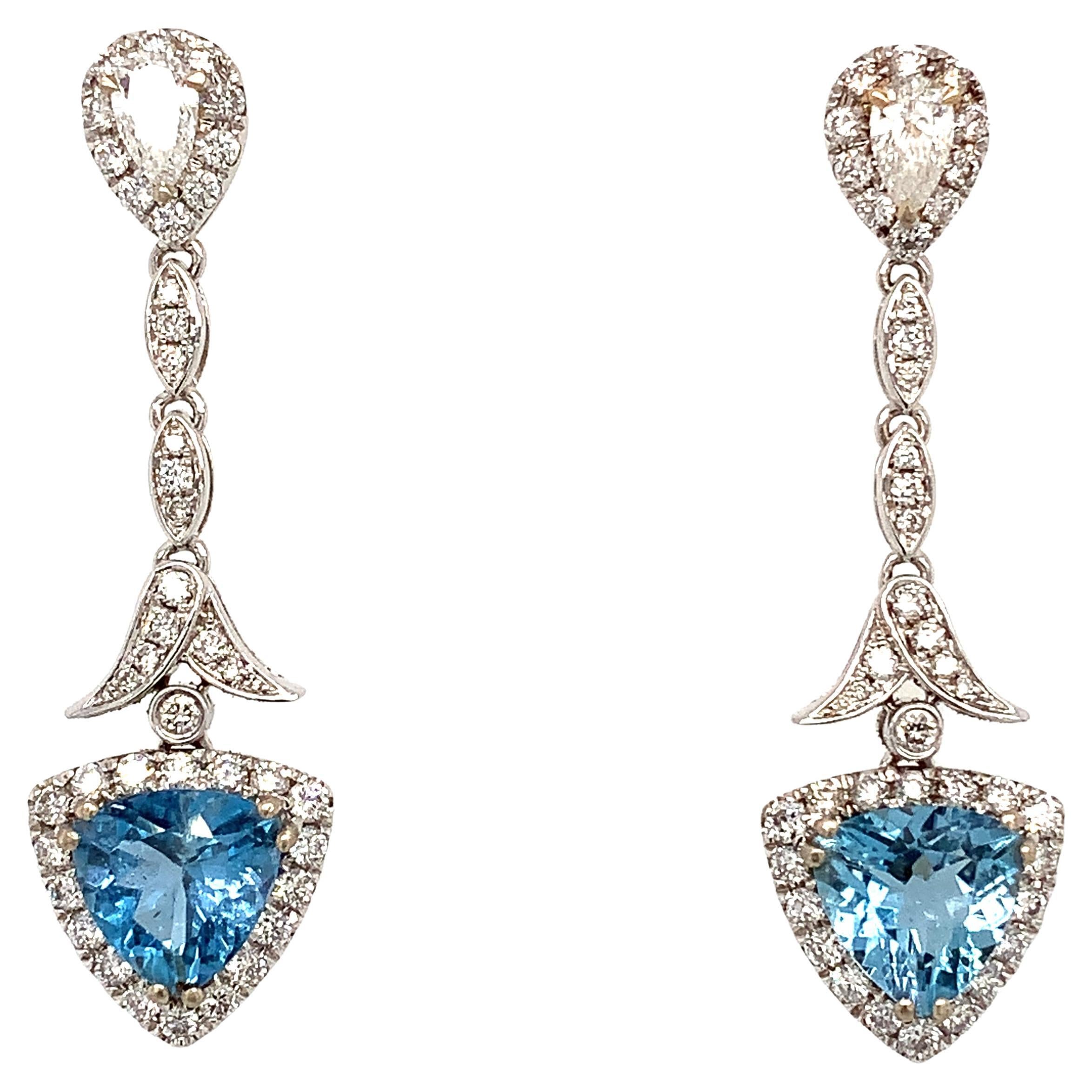 Aquamarine and diamonds drop dangle earrings 18k white gold