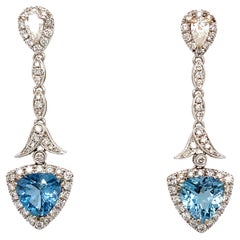 Aquamarine and diamonds drop dangle earrings 18k white gold