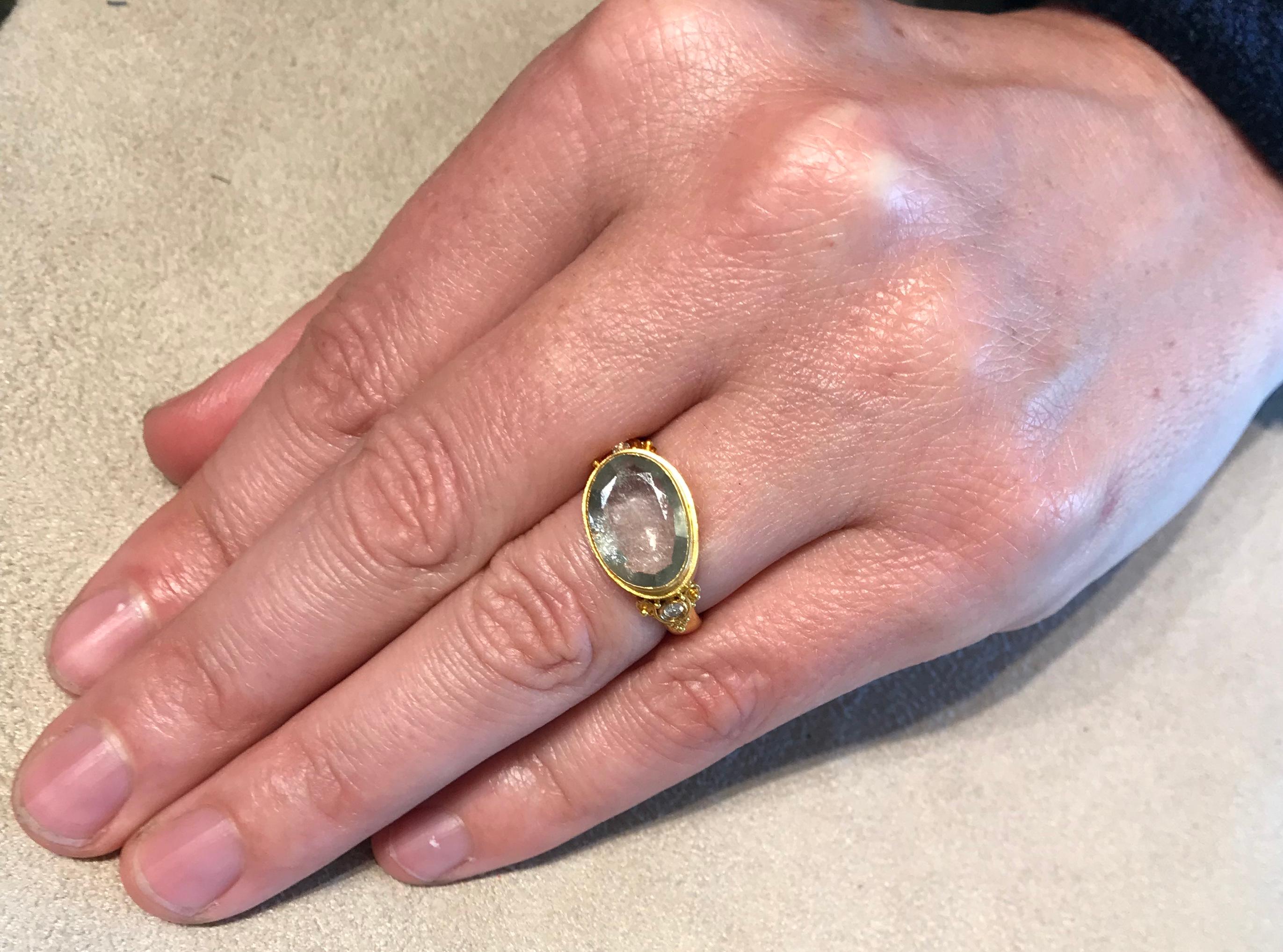 Oval Cut Aquamarine and Diamonds Set in 22 Karat Gold Granulated Ring