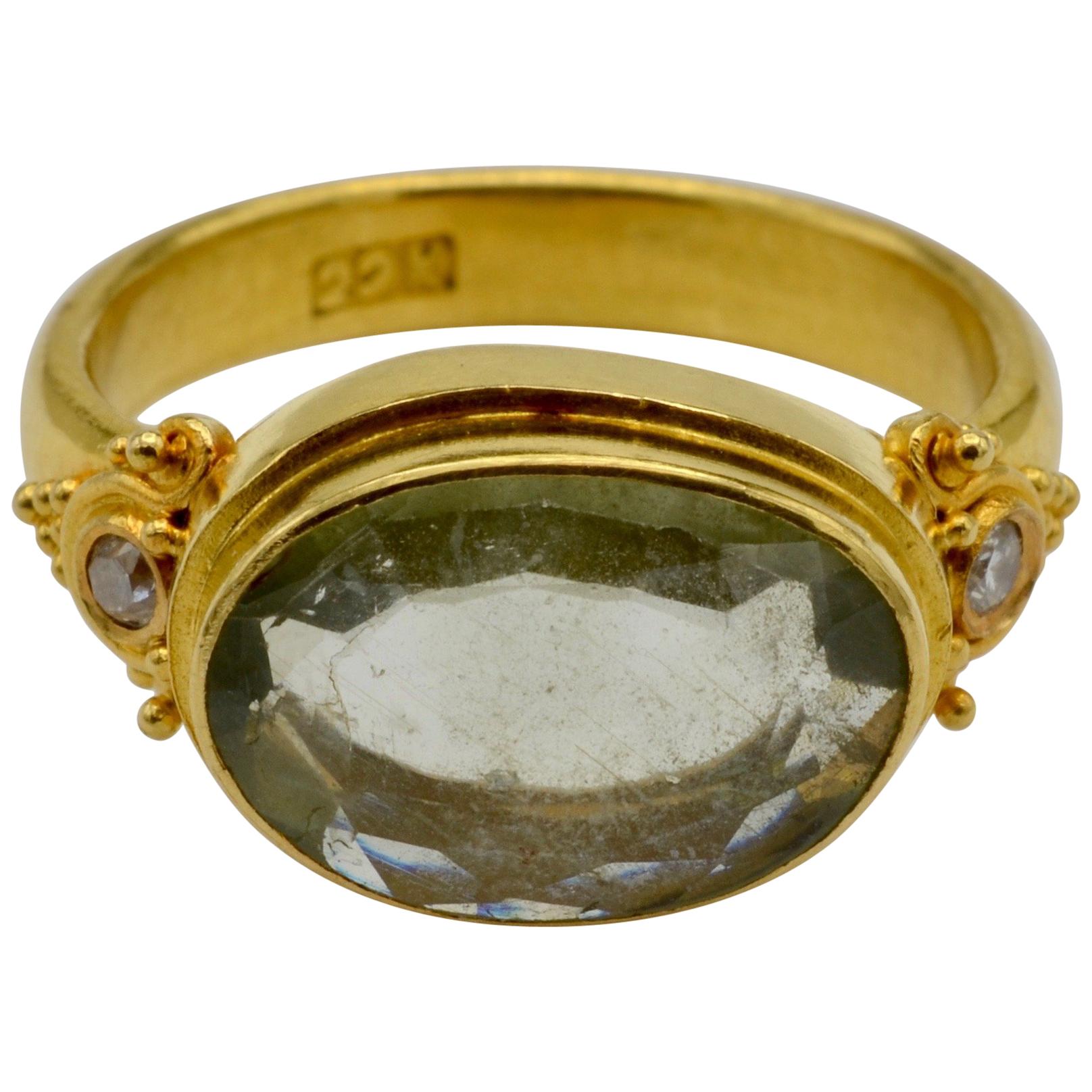 Aquamarine and Diamonds Set in 22 Karat Gold Granulated Ring
