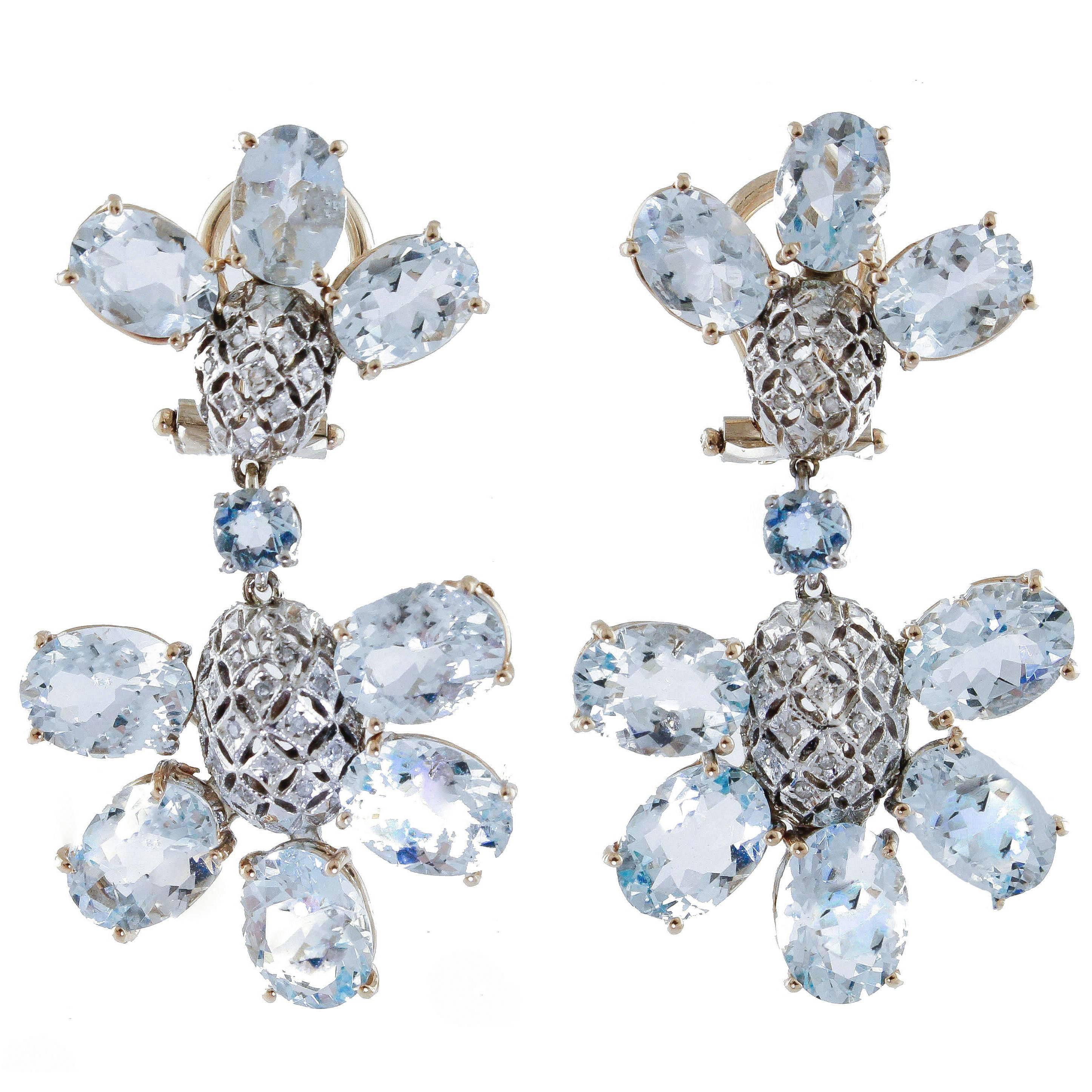 Aquamarine Diamonds Rose Gold Dangling Earrings