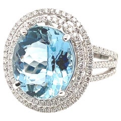 Aquamarine and Double Diamond Halo Cocktail Ring in White Gold, 5.52 Carats