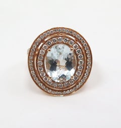 Aquamarine Double Halo Diamond Ring in 14 Karat Rose Gold