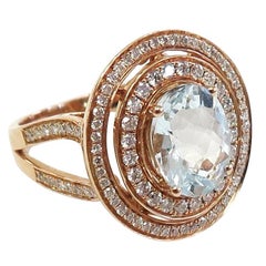 Aquamarine Double Halo Diamond Ring in 14 Karat Rose Gold