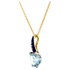 Aquamarine and Enamel Pendant Necklace 18k Yellow & White Gold 0.03 Ct