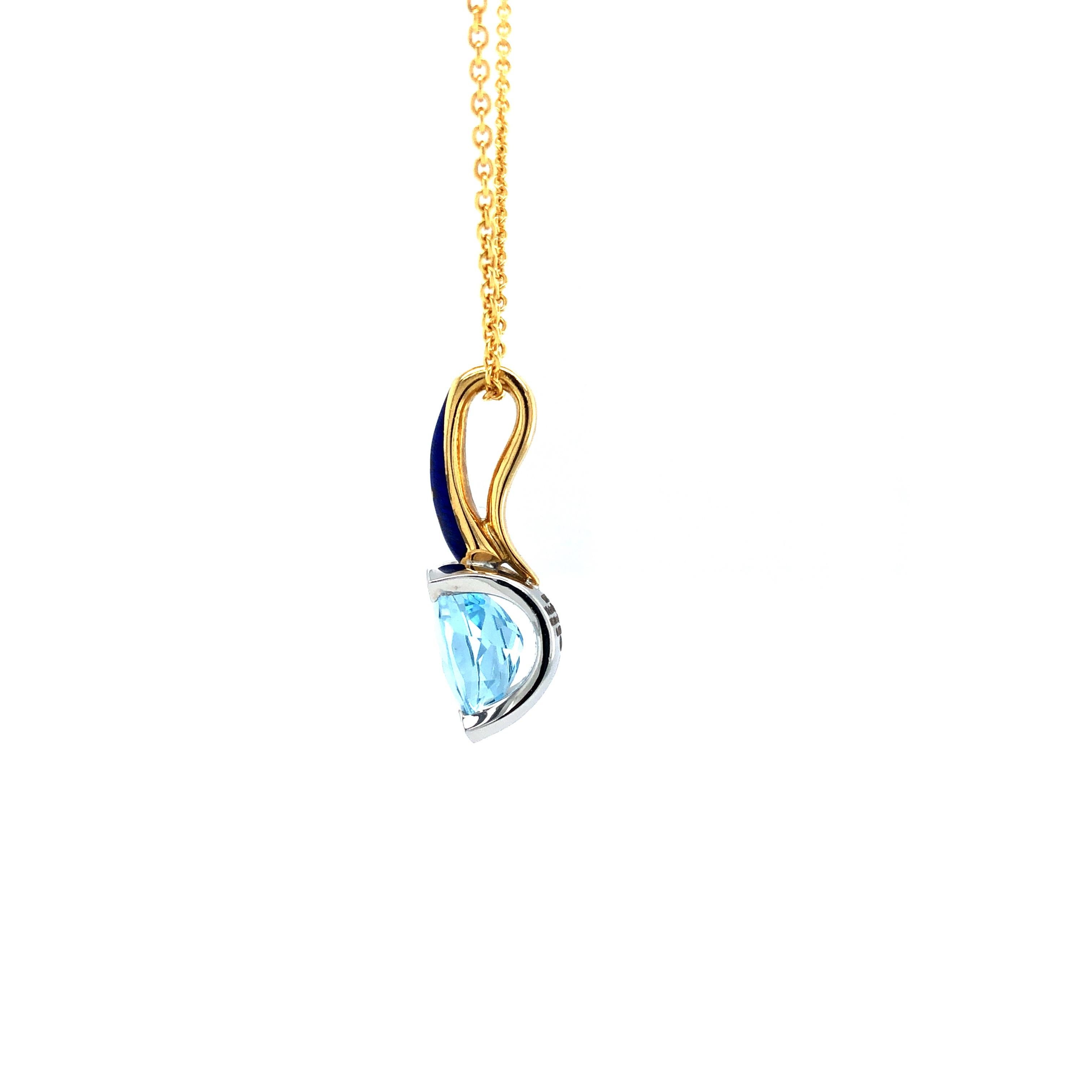 Contemporary Aquamarine and Enamel Pendant Necklace 18k Yellow & White Gold 0.03 Ct  For Sale