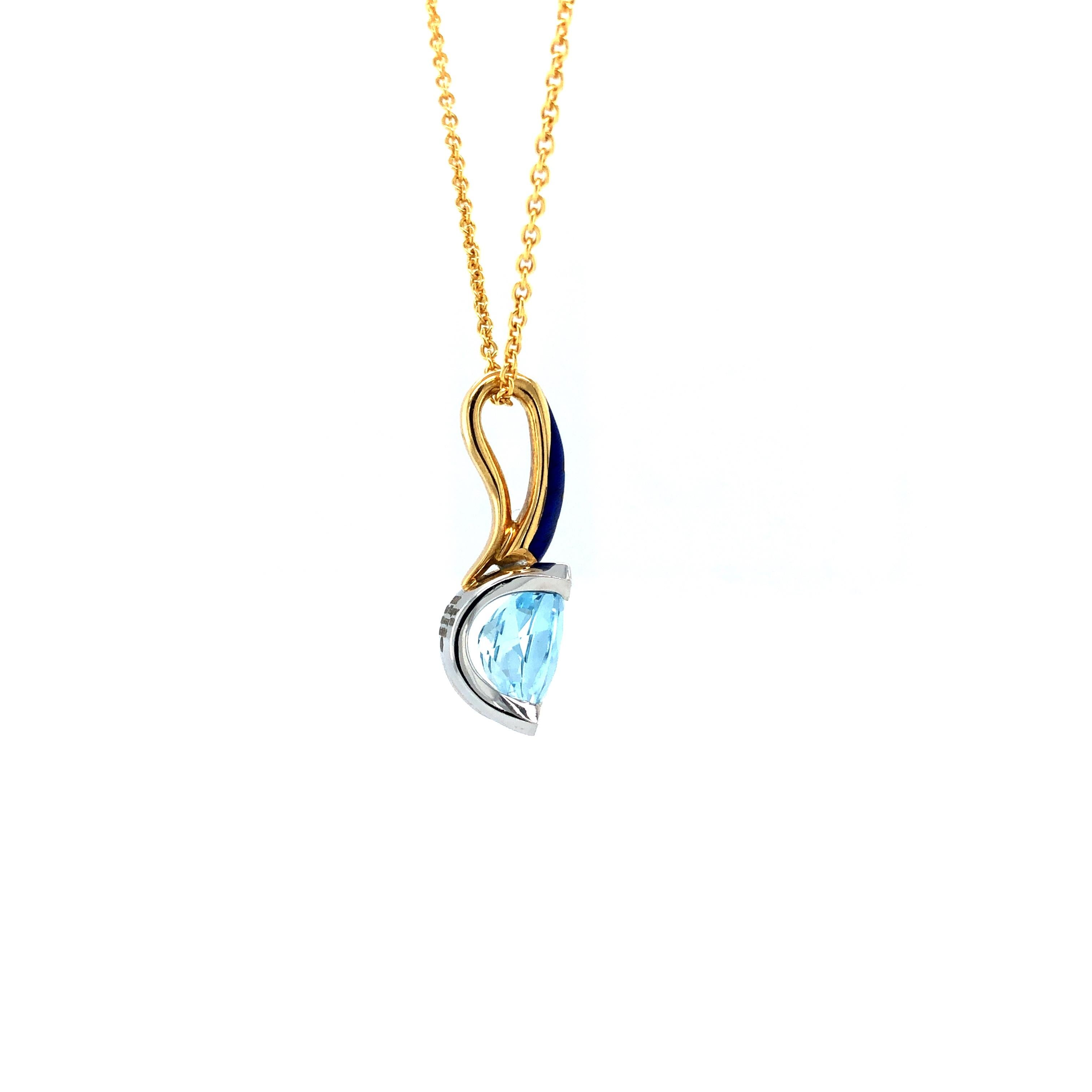 Brilliant Cut Aquamarine and Enamel Pendant Necklace 18k Yellow & White Gold 0.03 Ct  For Sale