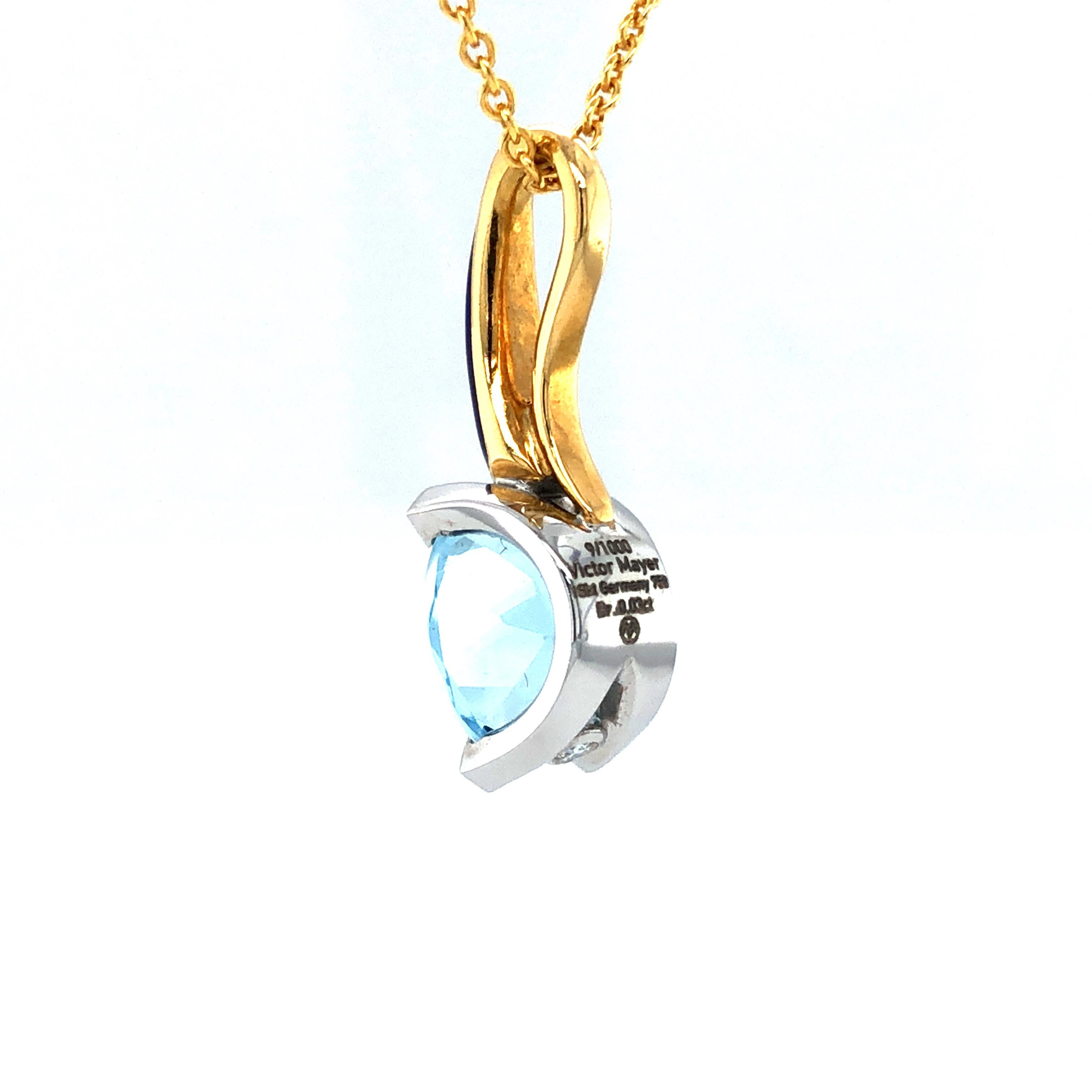 Women's Aquamarine and Enamel Pendant Necklace 18k Yellow & White Gold 0.03 Ct  For Sale