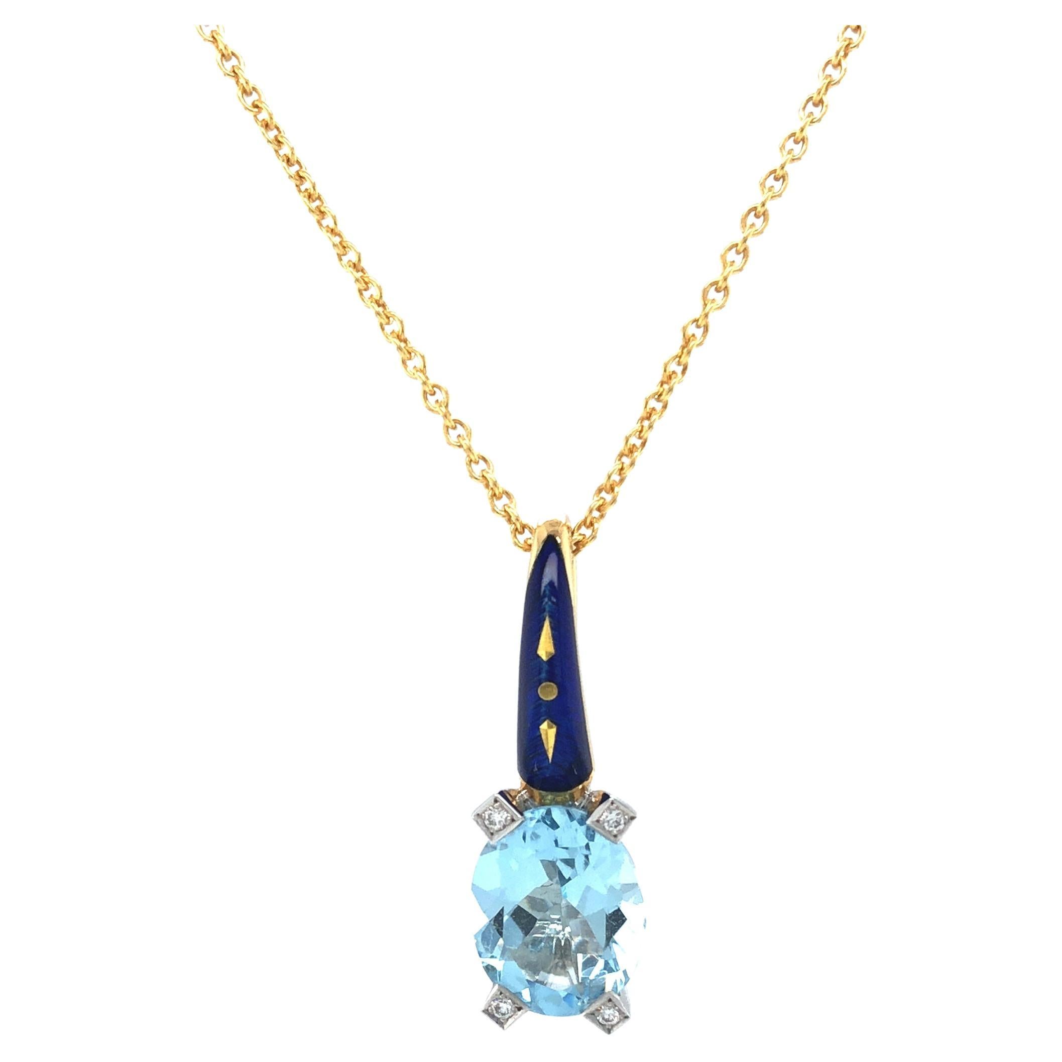Aquamarine and Enamel Pendant Necklace 18k Yellow & White Gold 0.03 Ct  For Sale