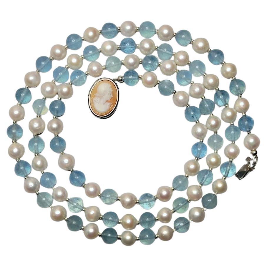 Aquamarine and Freshwater Pearl Necklace with Cameo Clasp