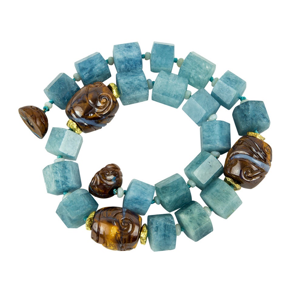 Aquamarine and Gem Opal in Matrix Beads Statement Necklace For Sale