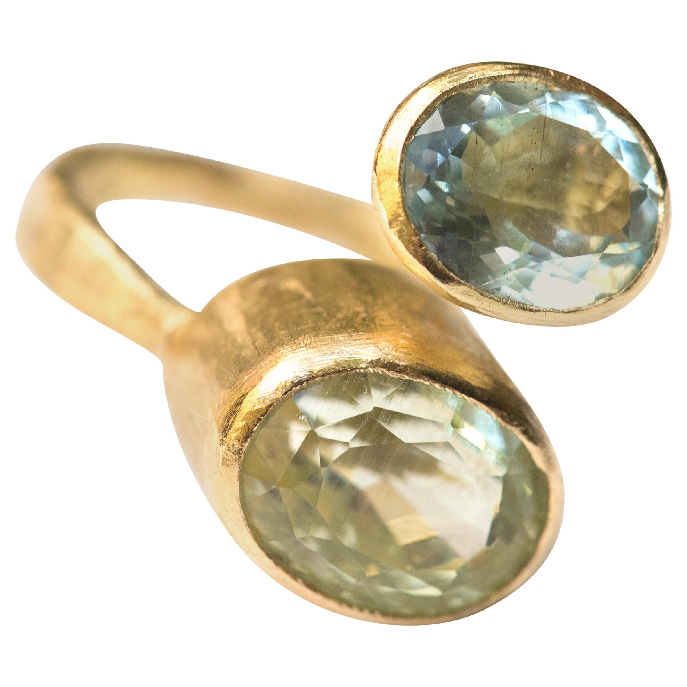Aquamarine and Green Beryl 18 Karat Gold Ring Handmade by Disa Allsopp For Sale