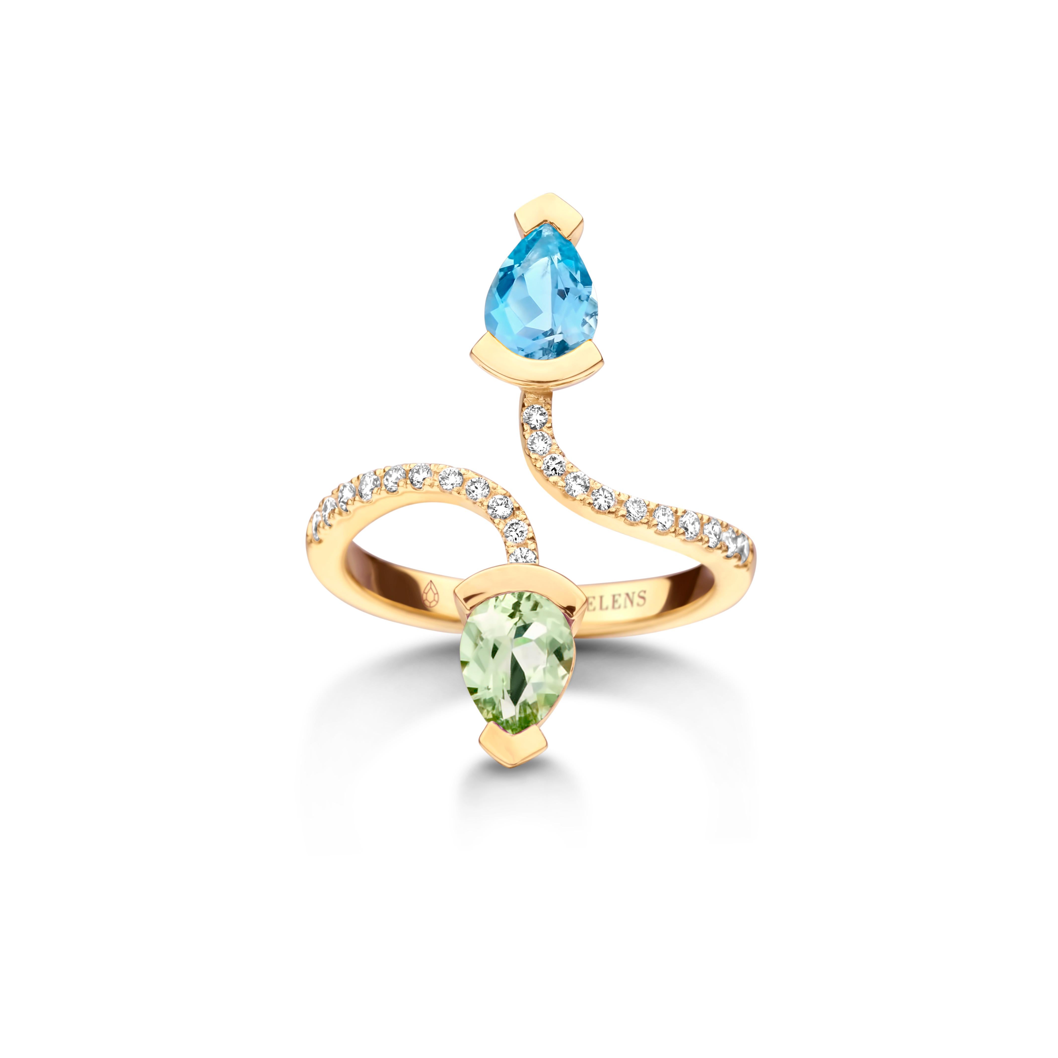 Adeline Duo ring in 18Kt white gold 5g set with a pear-shaped aquamarine 0,70 Ct, a pear-shaped green beryl 0,70 Ct and 0,19 Ct of white brilliant cut diamonds - VS F quality. Celine Roelens, a goldsmith and gemologist, is specialized in unique,